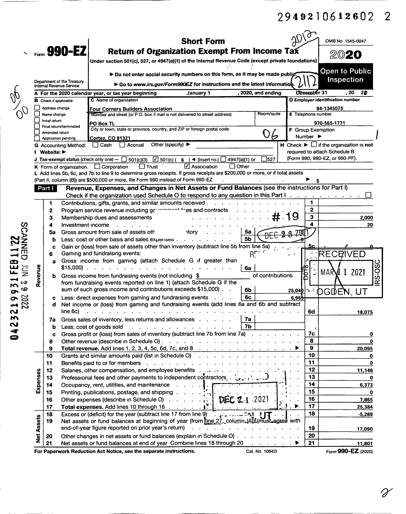 Image of first page of 2020 Form 990EO for Four Corners Builders Association