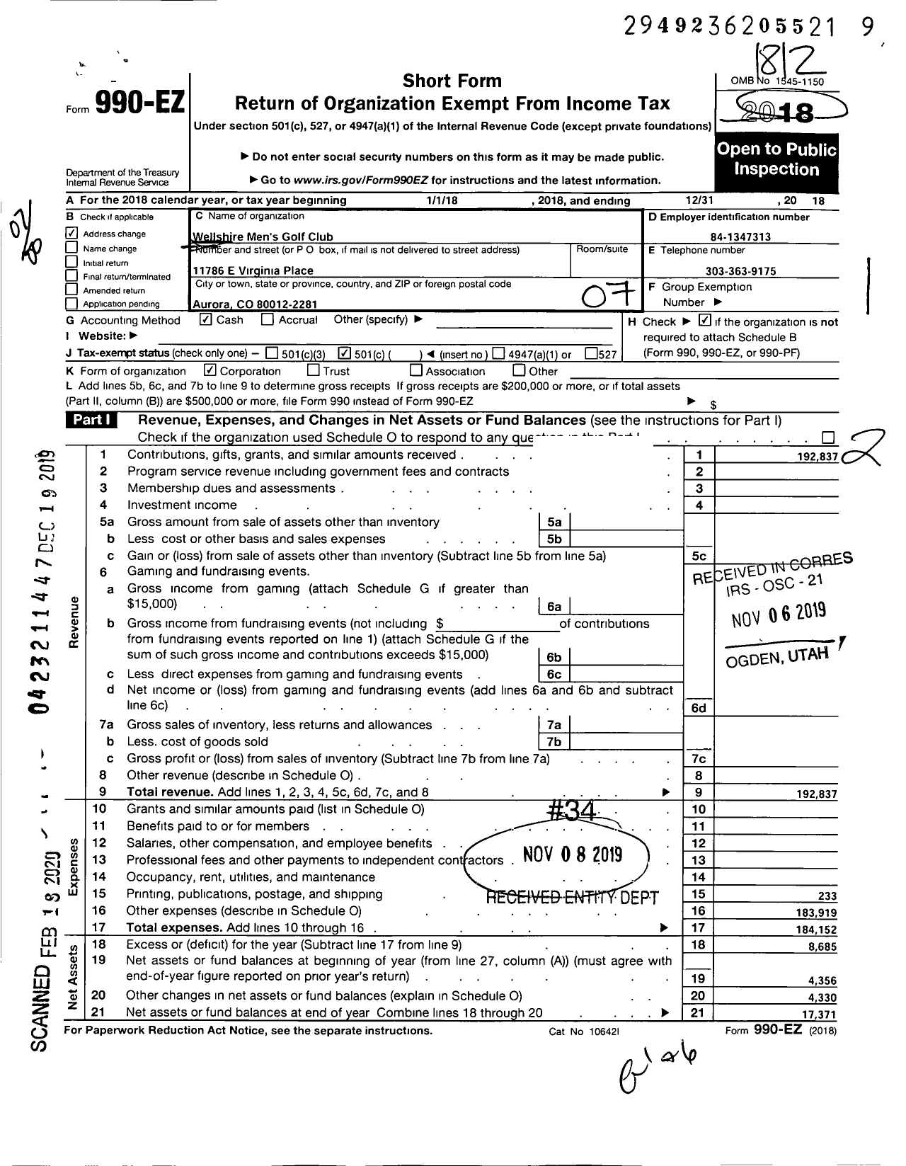 Image of first page of 2018 Form 990EO for Wellshire Mens Golf Club