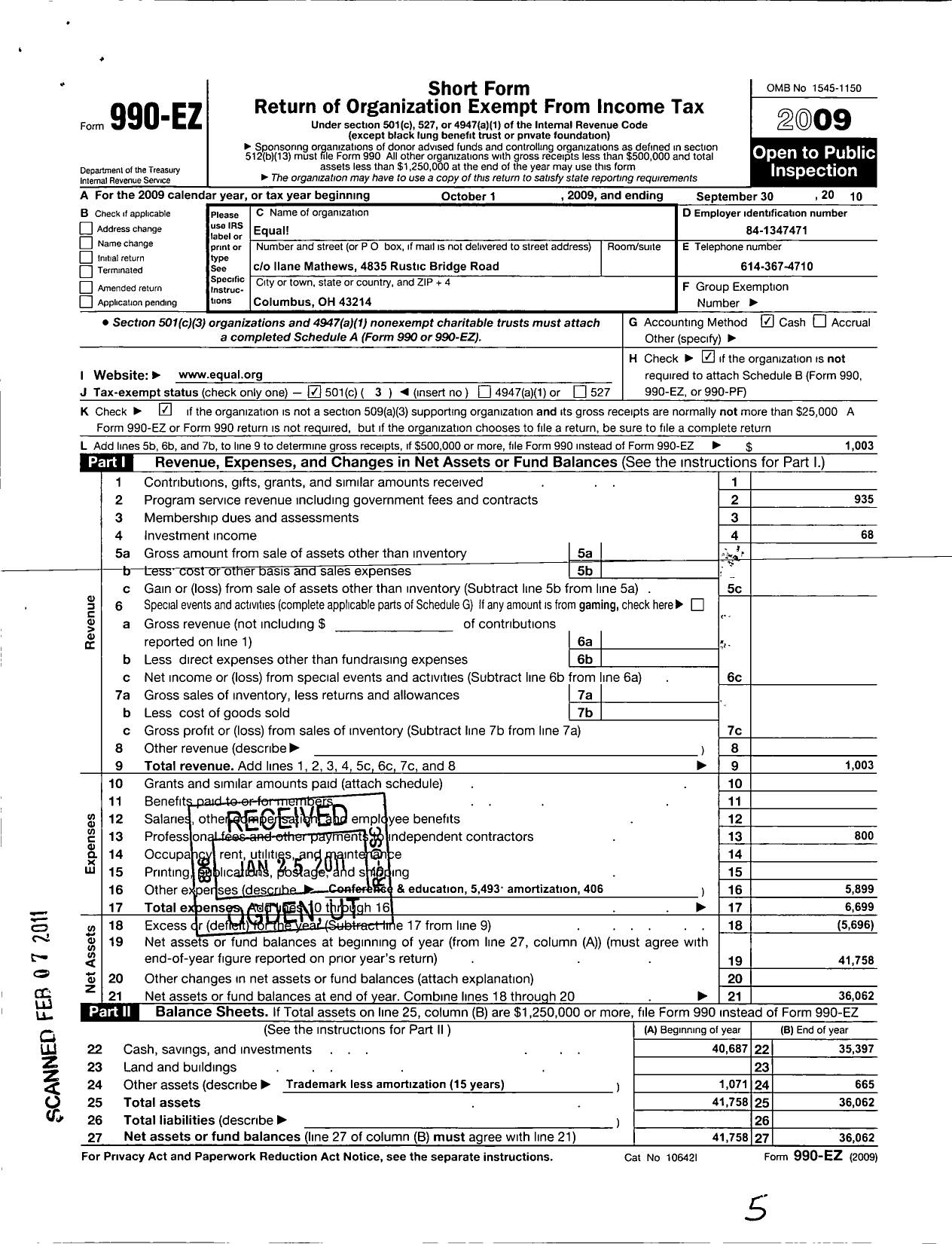 Image of first page of 2009 Form 990EZ for Equal Allies Incorporated