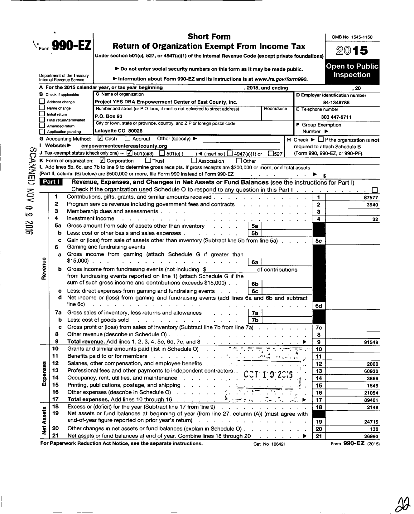 Image of first page of 2015 Form 990EZ for Empowerment Center of East County