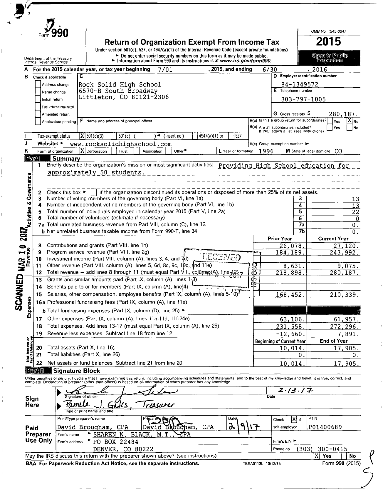 Image of first page of 2015 Form 990 for Rock Solid High School