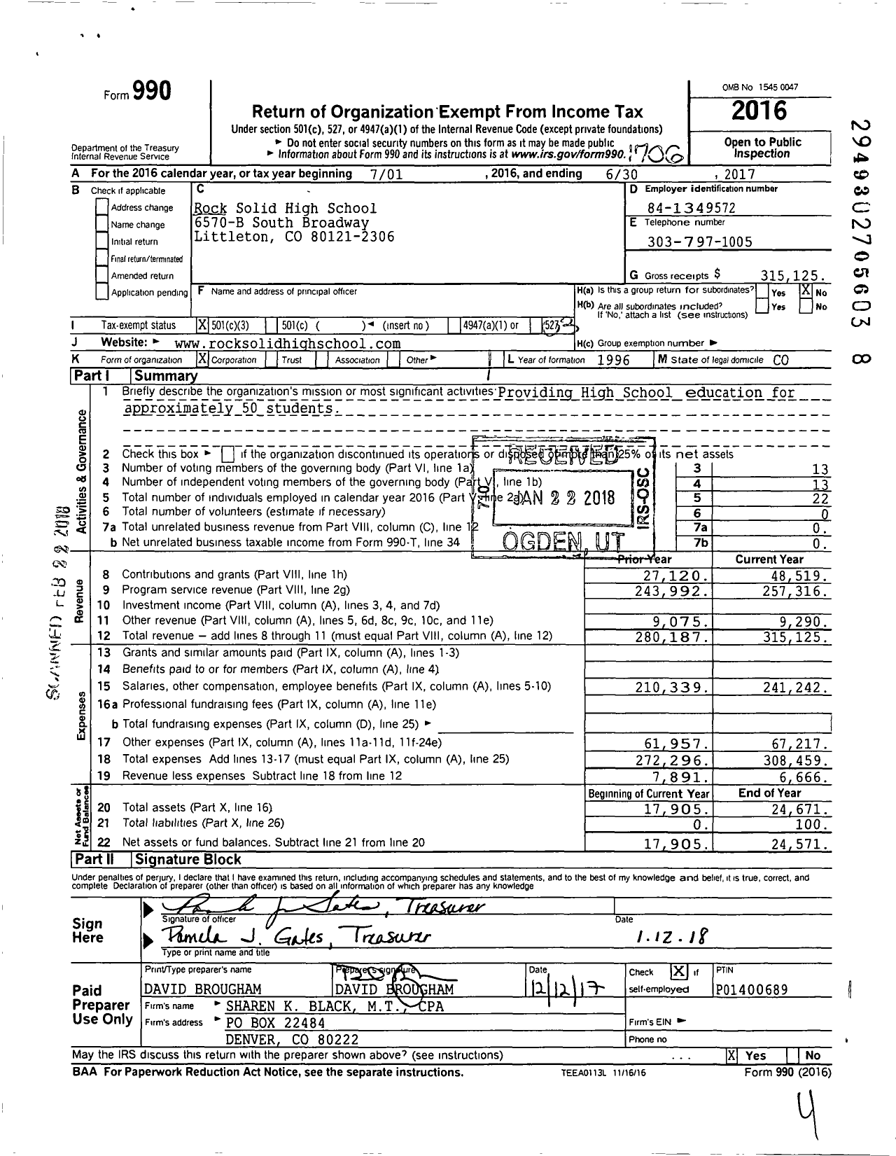 Image of first page of 2016 Form 990 for Rock Solid High School