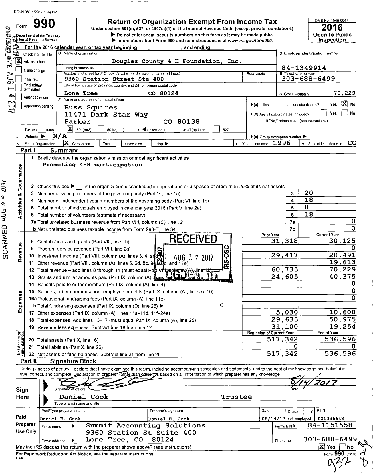 Image of first page of 2016 Form 990 for Douglas County 4-H Foundation