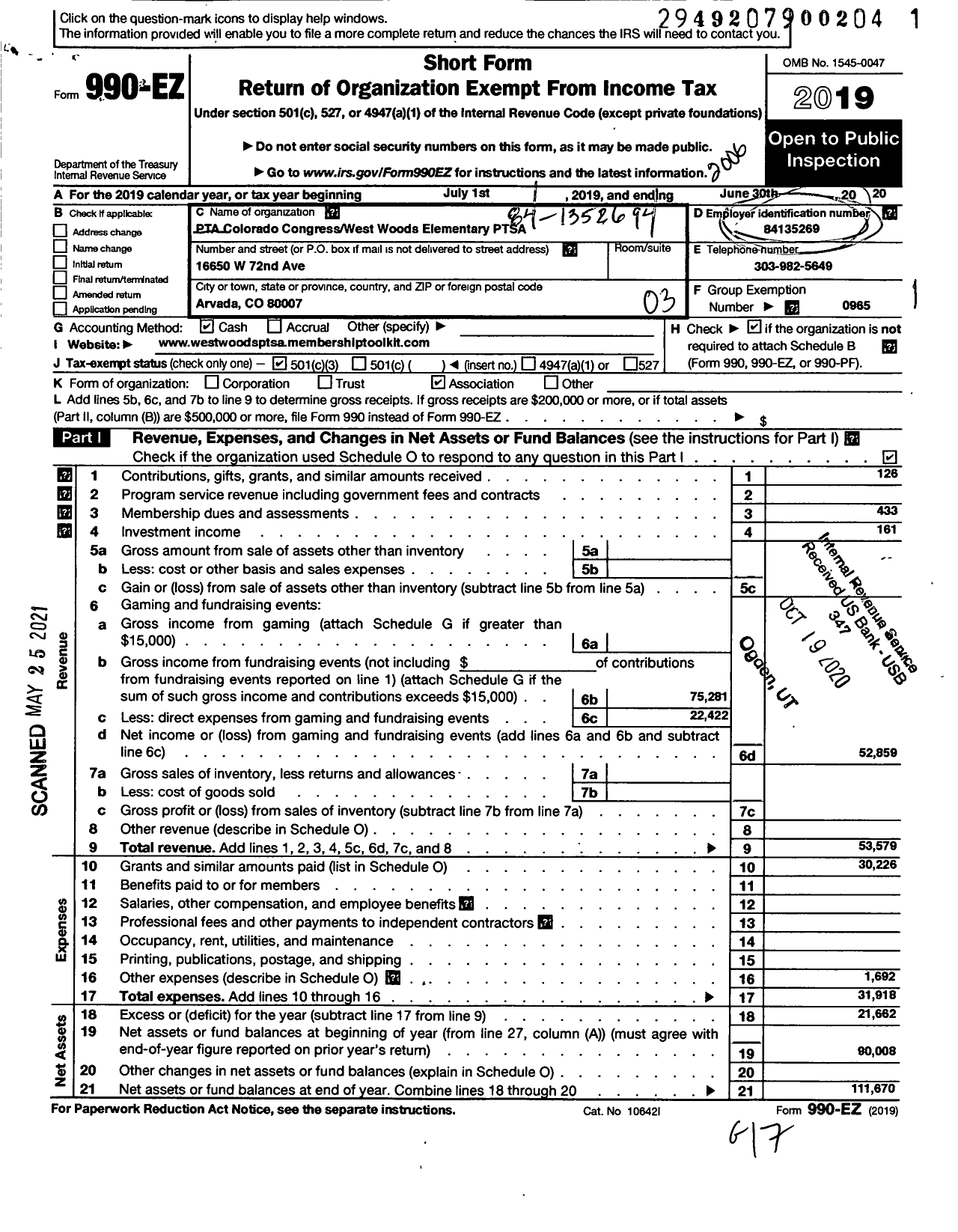 Image of first page of 2019 Form 990EZ for PTA Colorado Congress West Woods Elementary Ptsa