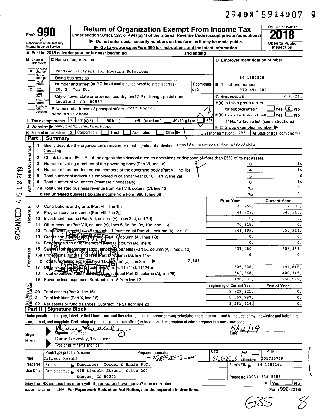 Image of first page of 2018 Form 990 for Funding Partners for Housing Solutions