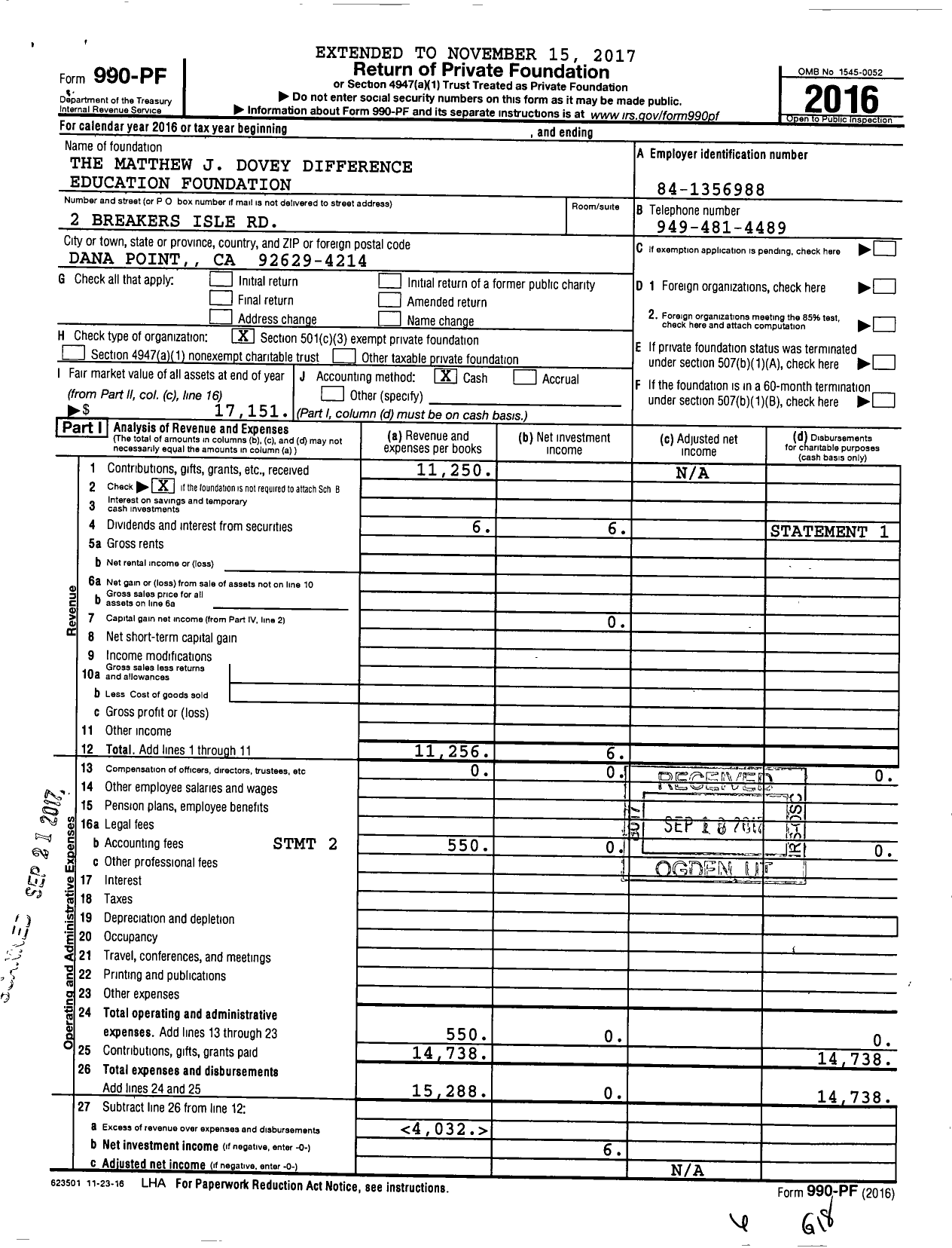 Image of first page of 2016 Form 990PF for The Matthew J Dovey Difference Education Foundation