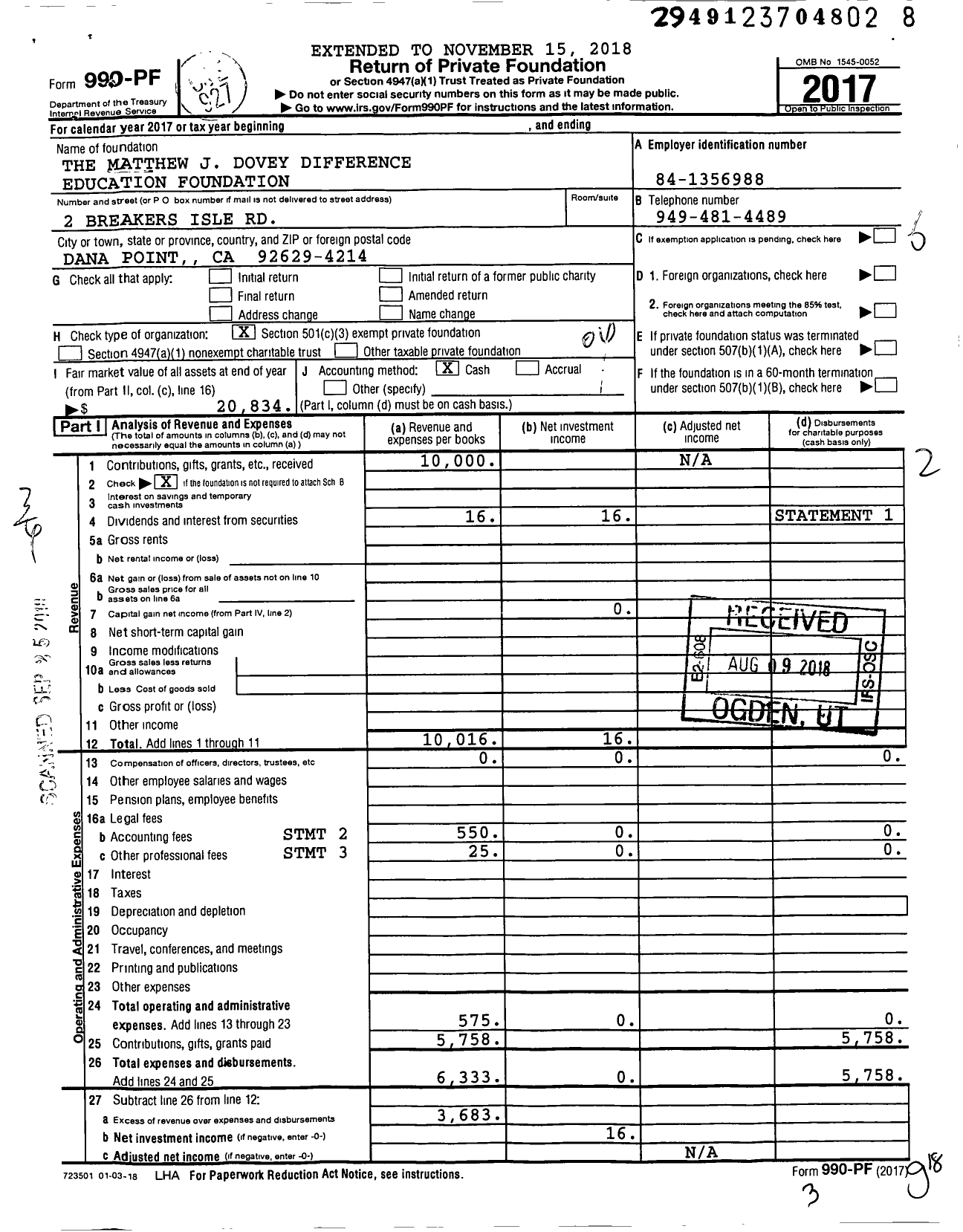 Image of first page of 2017 Form 990PF for The Matthew J Dovey Difference Education Foundation