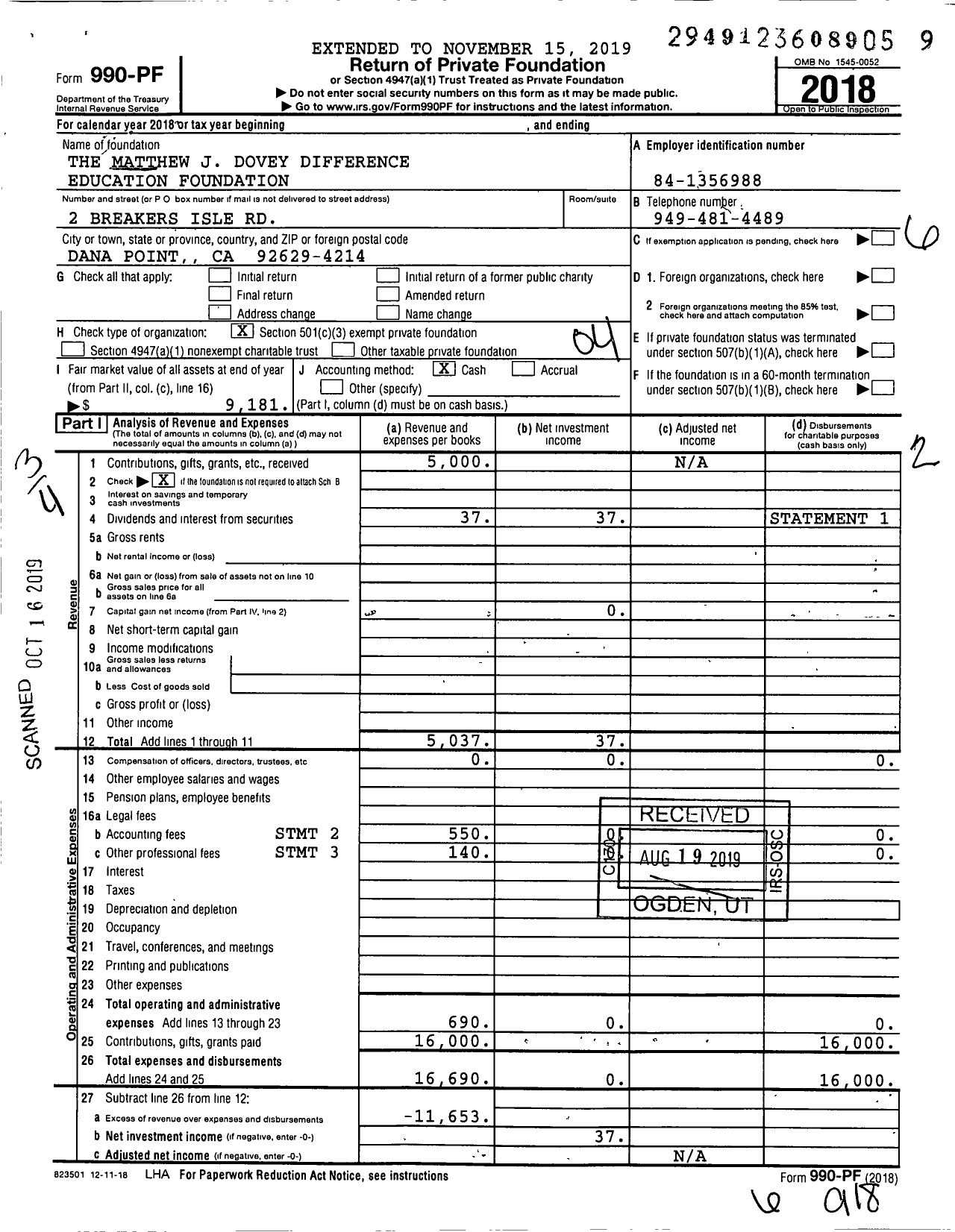 Image of first page of 2018 Form 990PF for The Matthew J Dovey Difference Education Foundation