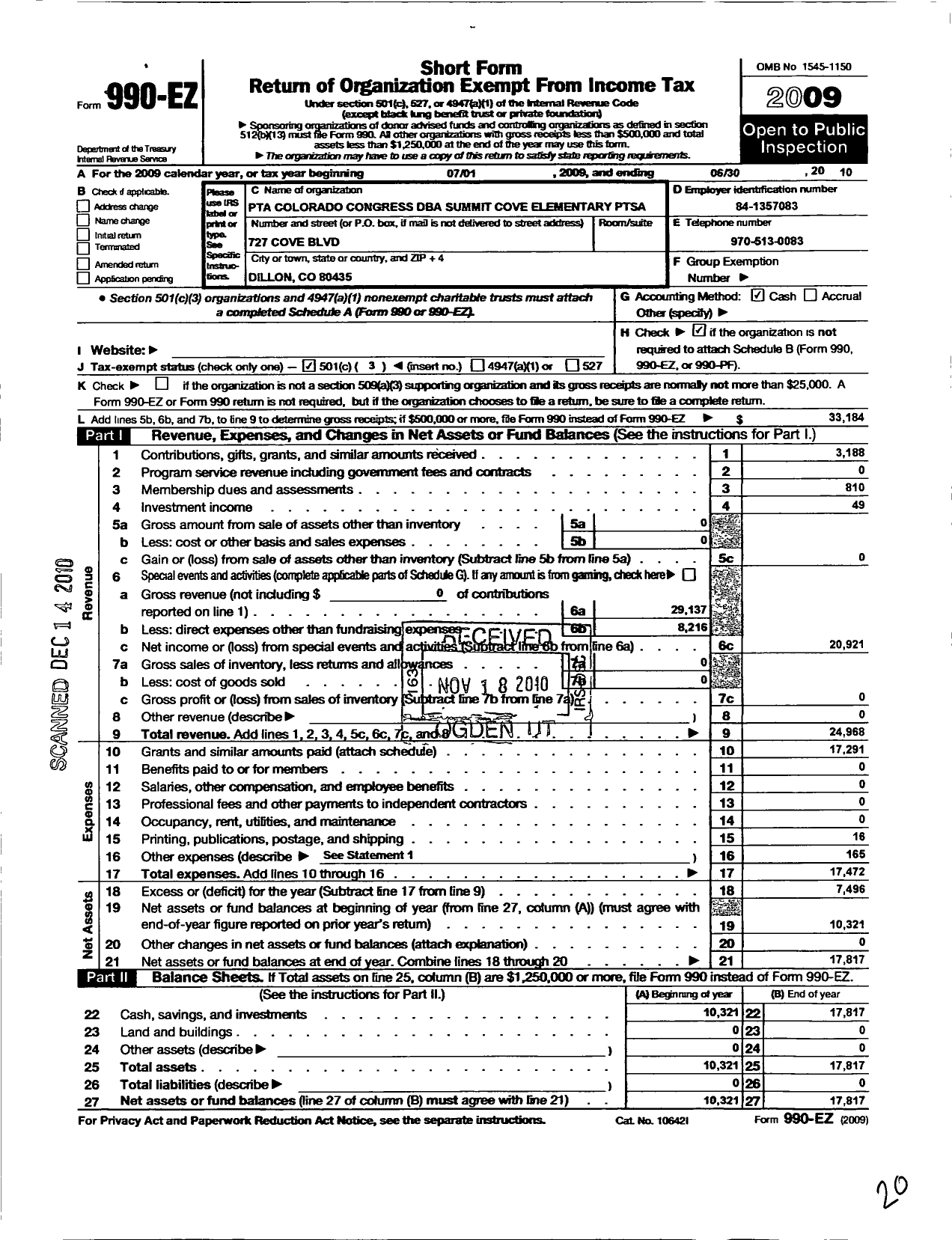 Image of first page of 2009 Form 990EZ for PTA Colorado Congress / Summit Cove Elementary PTA