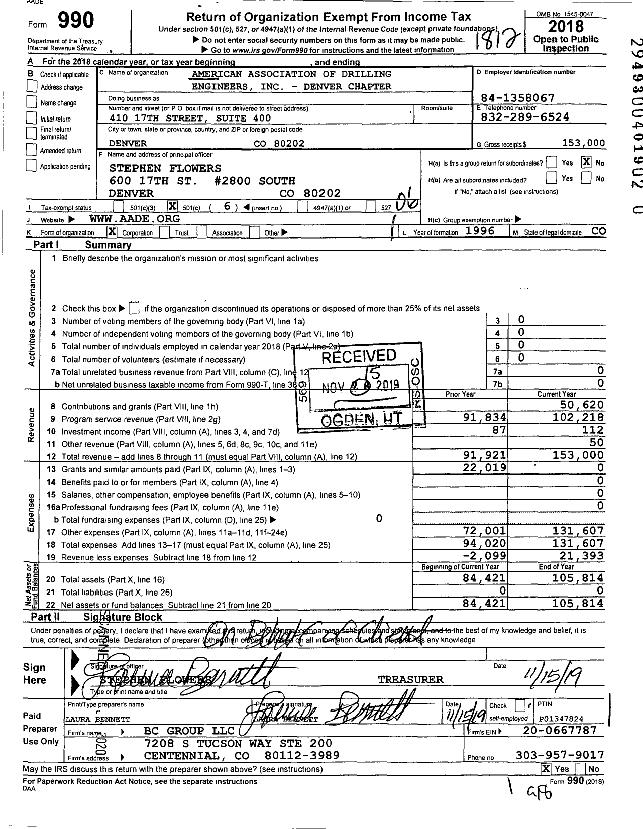 Image of first page of 2018 Form 990O for American Association of Drilling Engineers - Denver Chapter