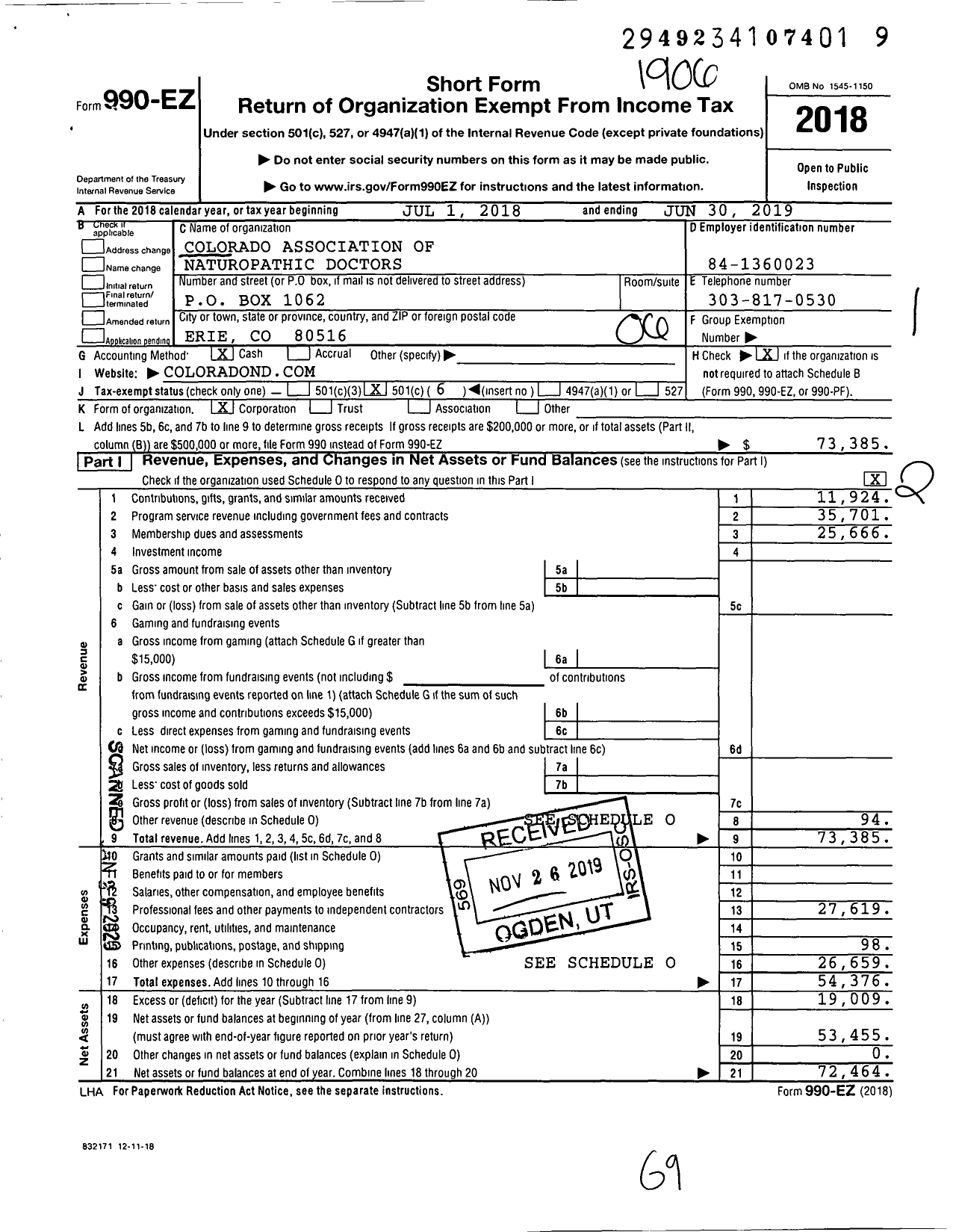 Image of first page of 2018 Form 990EO for Colorado Association of Naturopathic Doctors