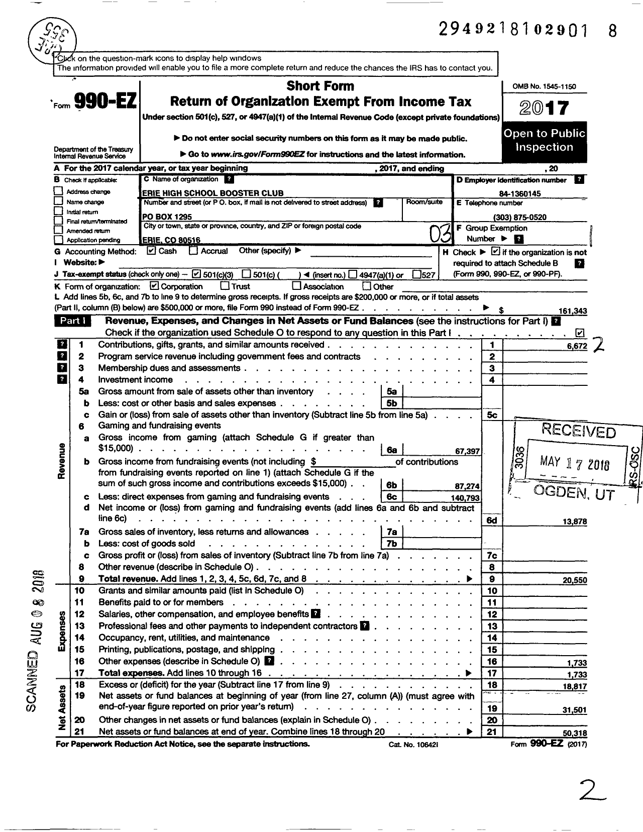 Image of first page of 2017 Form 990EZ for Erie High School Booster Club