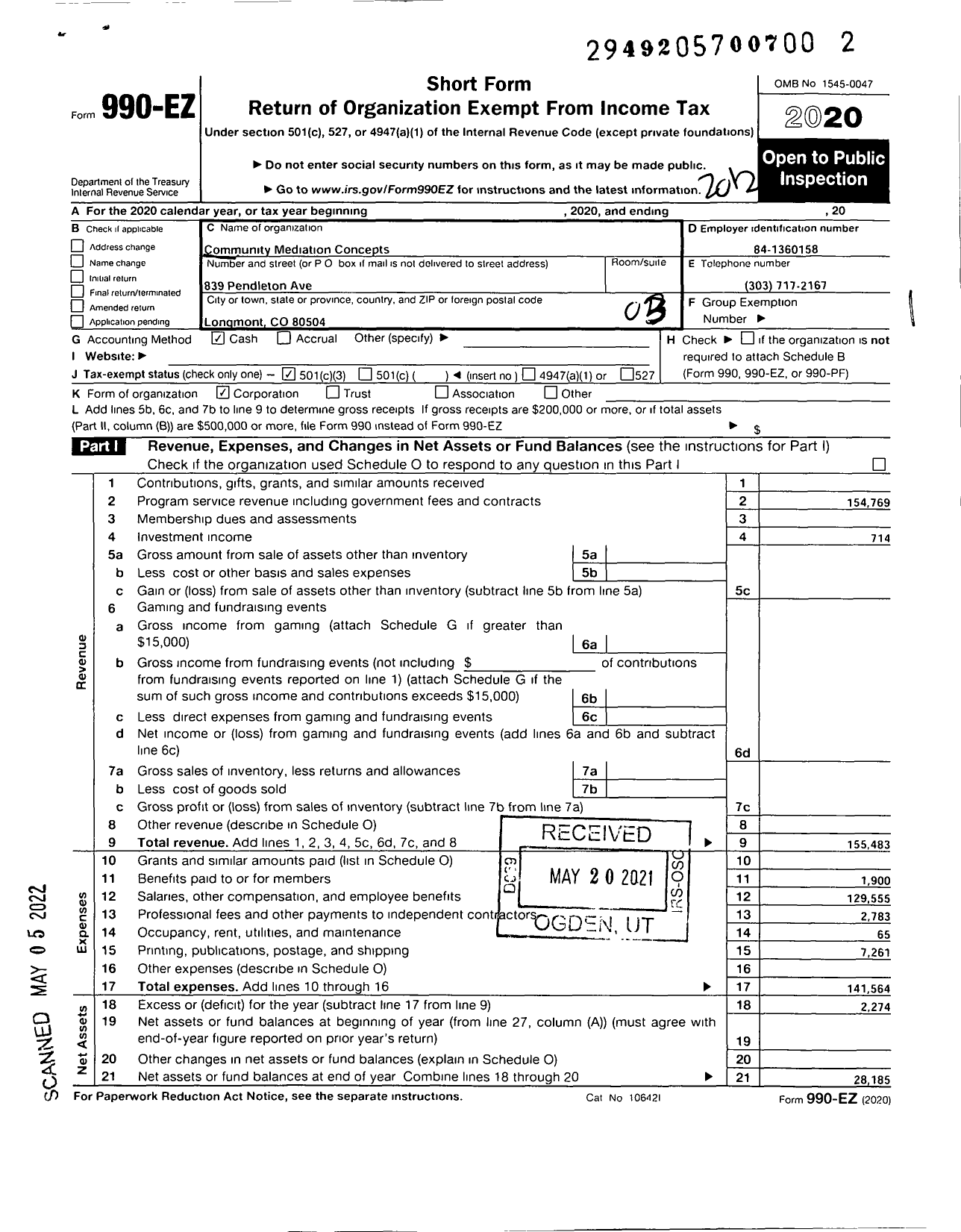 Image of first page of 2020 Form 990EZ for Community Mediation Concepts