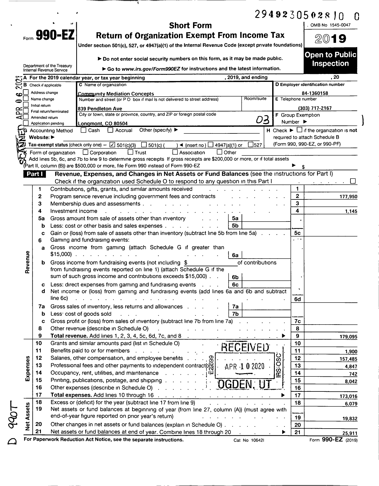 Image of first page of 2019 Form 990EZ for Community Mediation Concepts