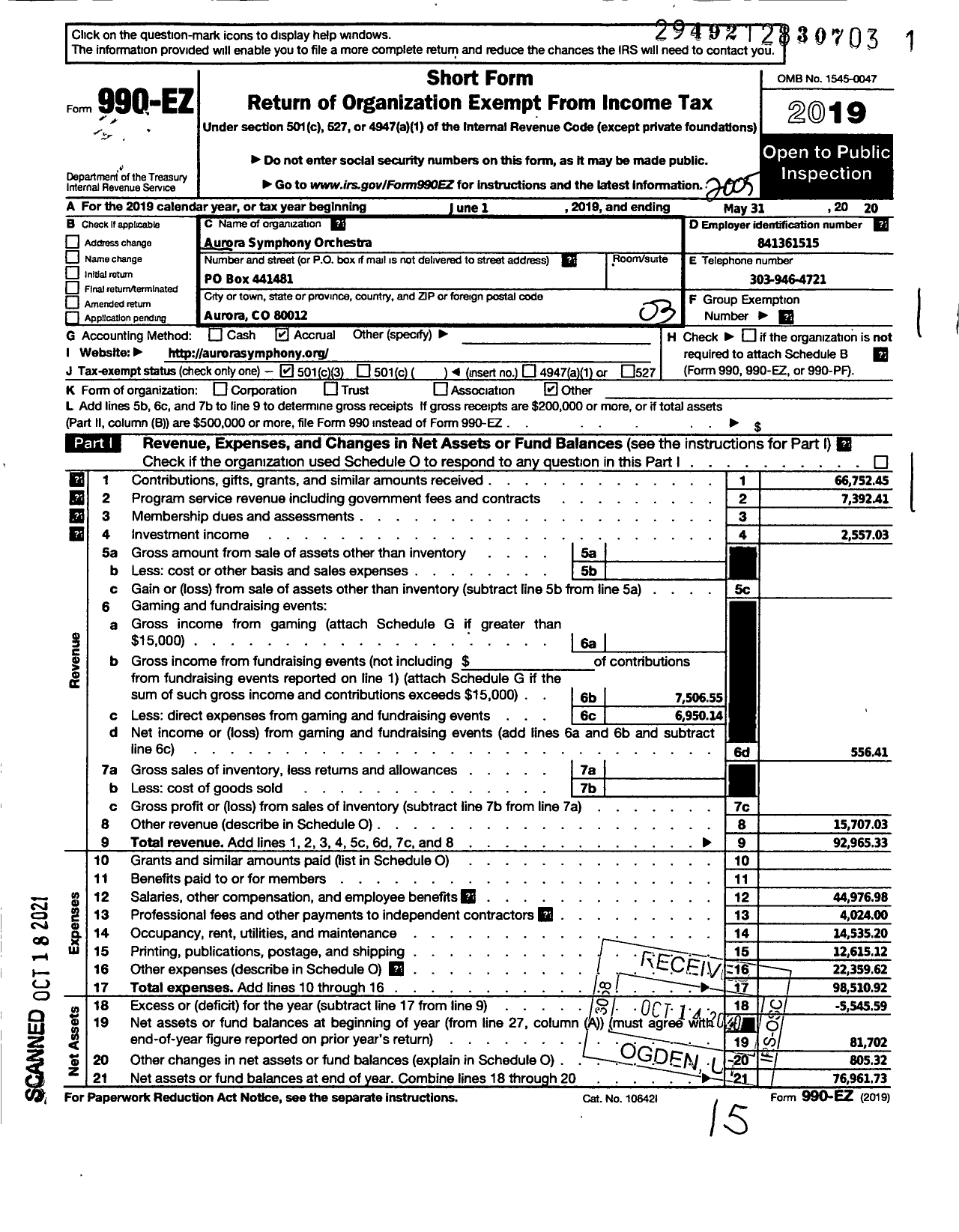 Image of first page of 2019 Form 990EZ for Aurora Symphony Orchestra