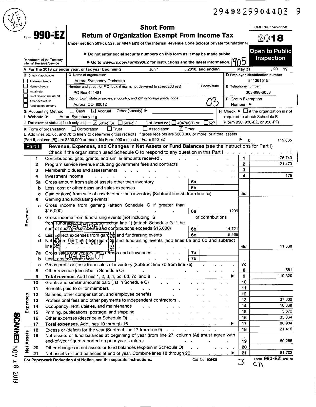 Image of first page of 2018 Form 990EZ for Aurora Symphony Orchestra