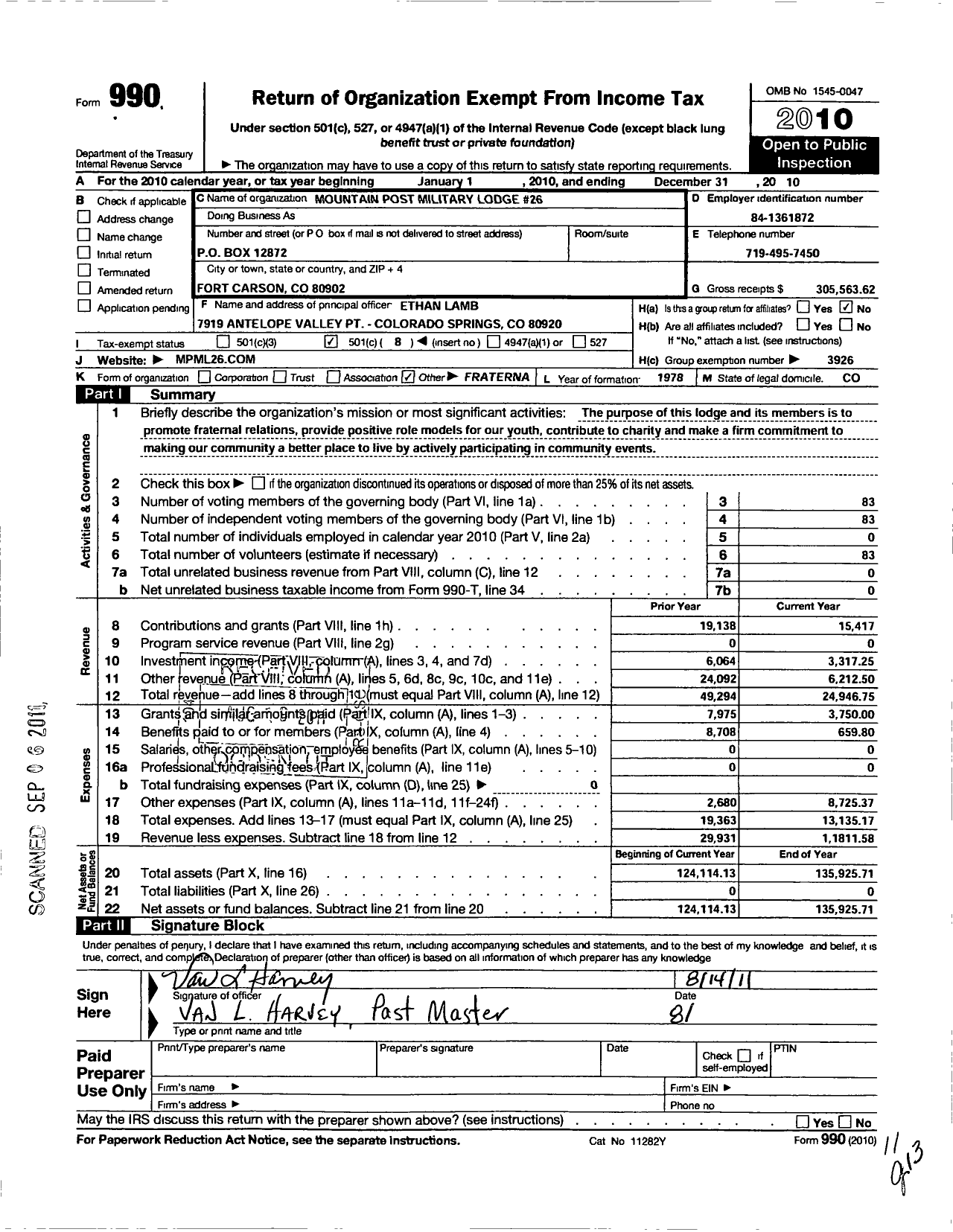 Image of first page of 2010 Form 990O for Most Worshipul Prince Hall Grand Lodge of Free and Accepted Masons - 26 Mountain Post Military Lodge