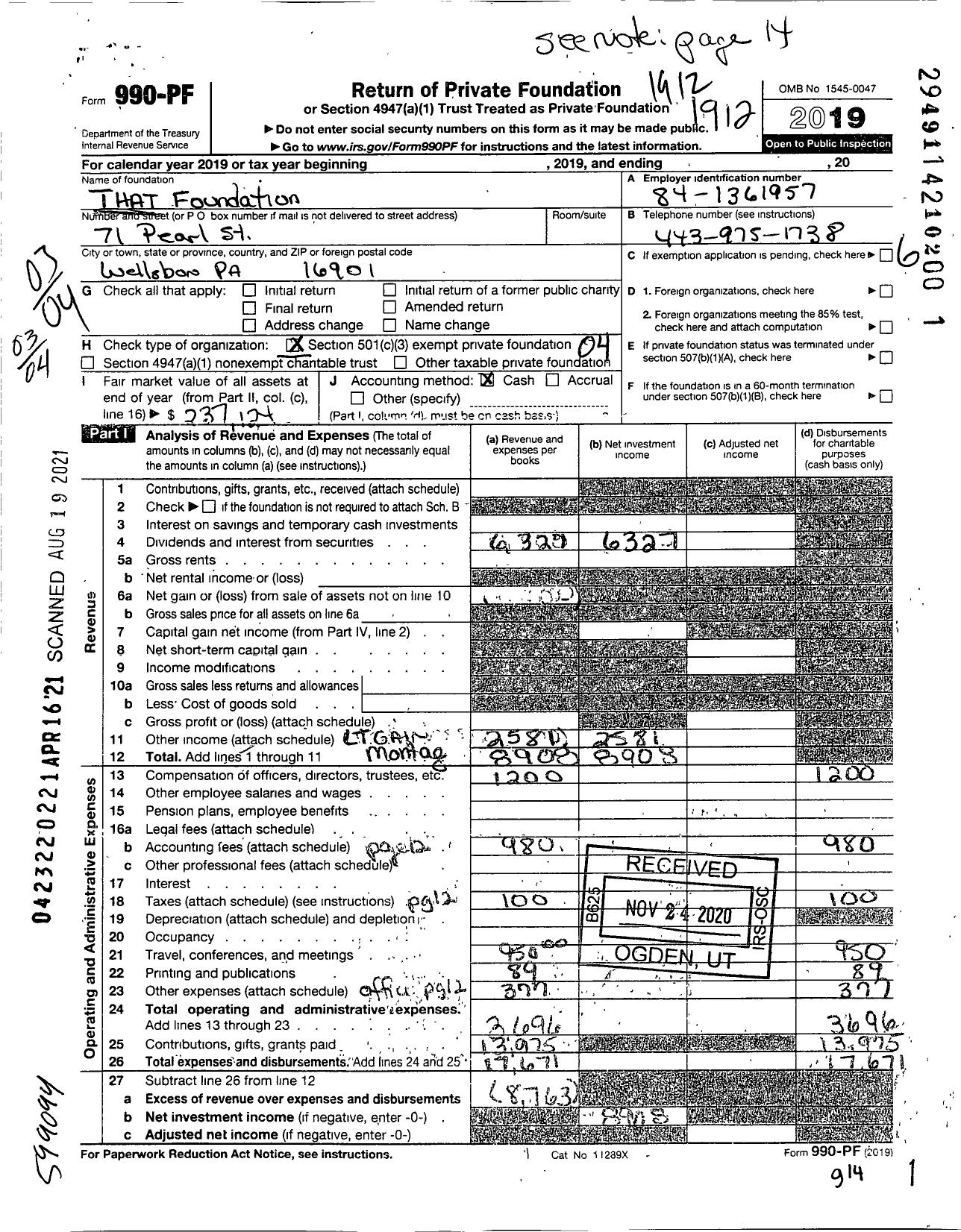 Image of first page of 2019 Form 990PF for T H A T Foundation