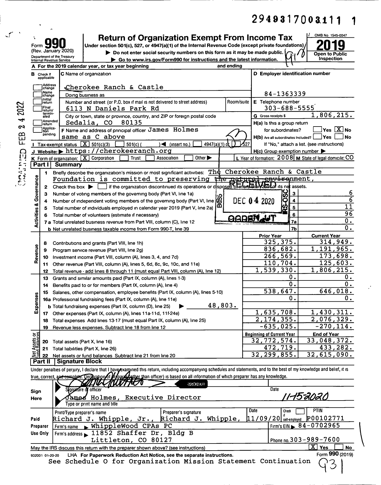 Image of first page of 2019 Form 990 for Cherokee Ranch & Castle