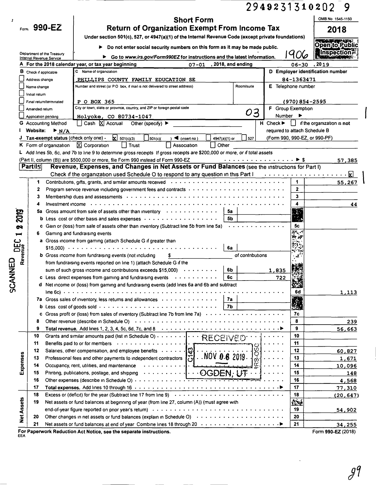 Image of first page of 2018 Form 990EZ for Phillips County Family Education Se