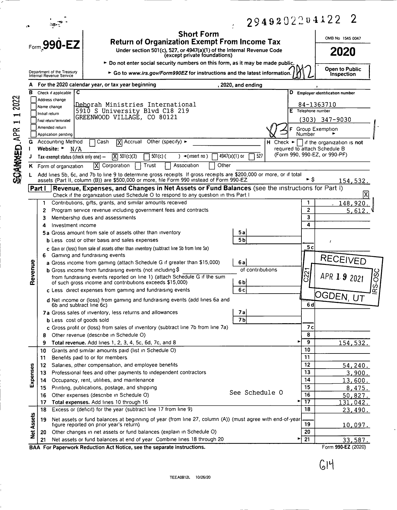 Image of first page of 2020 Form 990EZ for Deborah Ministries International