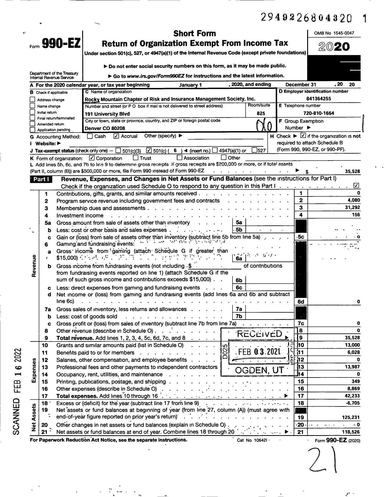 Image of first page of 2020 Form 990EO for Rocky Mountain Chapter of RIMS