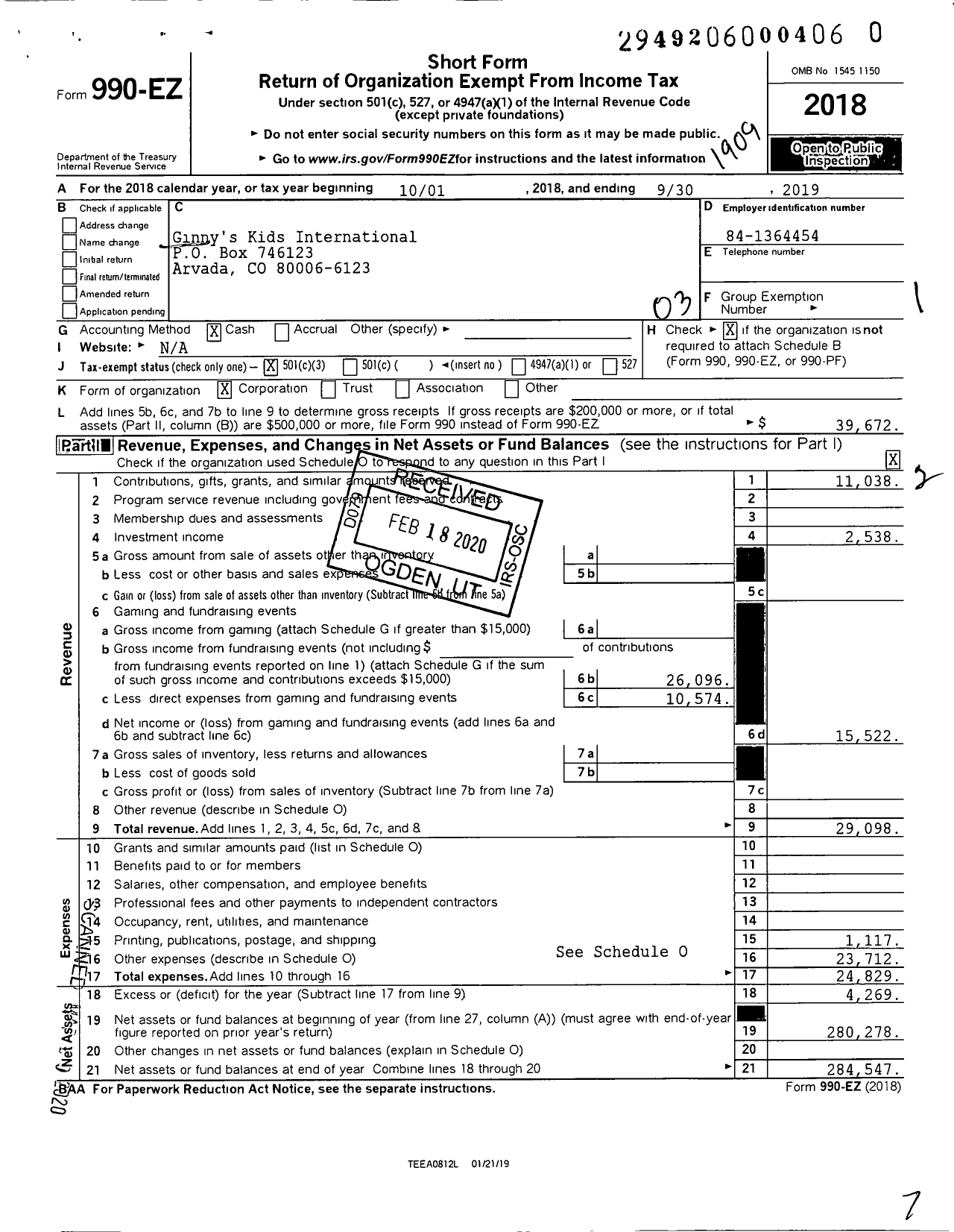 Image of first page of 2018 Form 990EZ for Ginnys Kids International