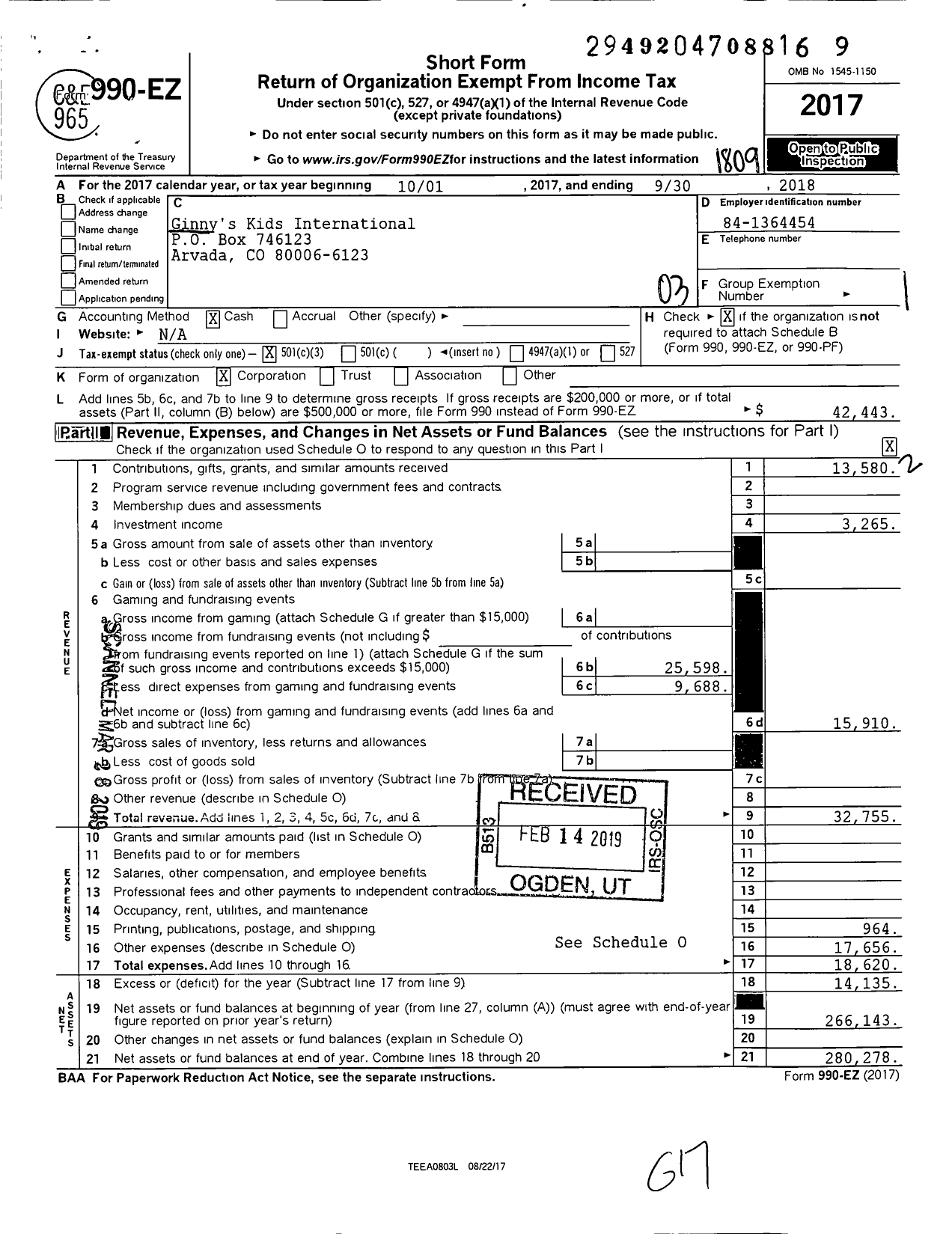 Image of first page of 2017 Form 990EZ for Ginnys Kids International