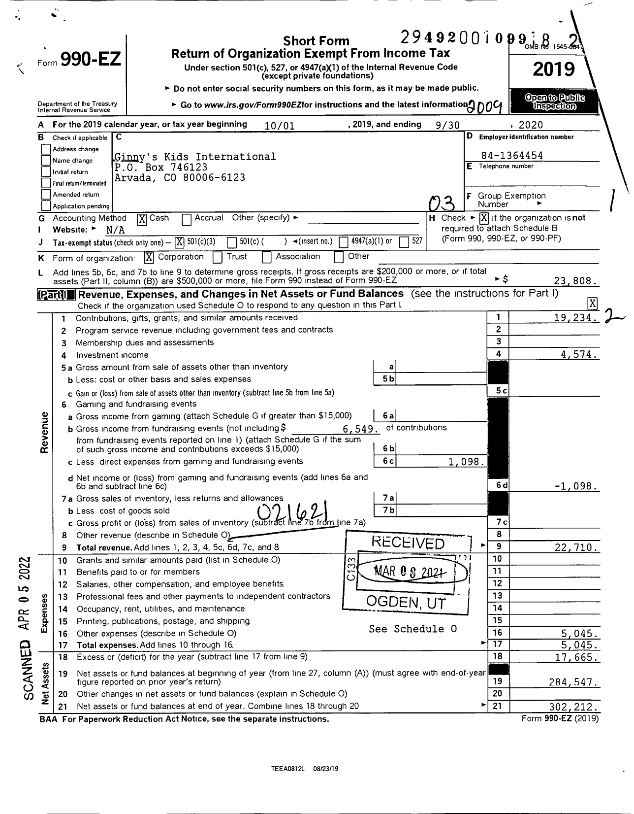 Image of first page of 2019 Form 990EZ for Ginnys Kids International