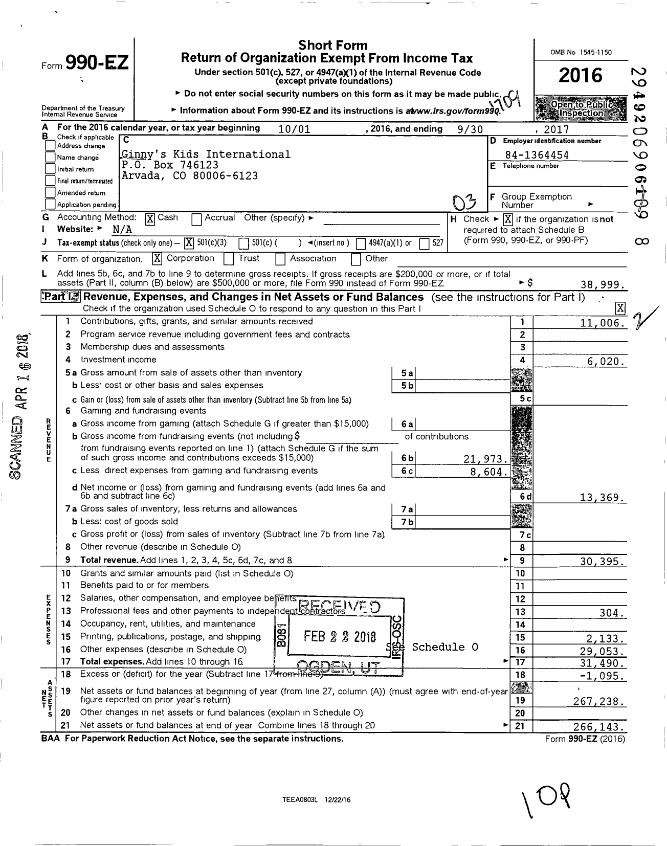 Image of first page of 2016 Form 990EZ for Ginnys Kids International