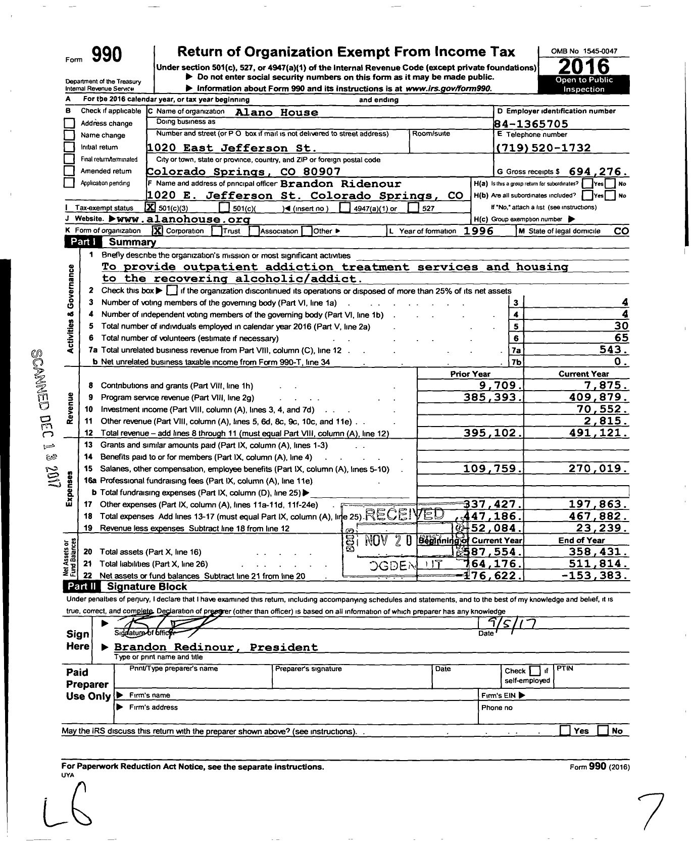 Image of first page of 2016 Form 990 for Alano House