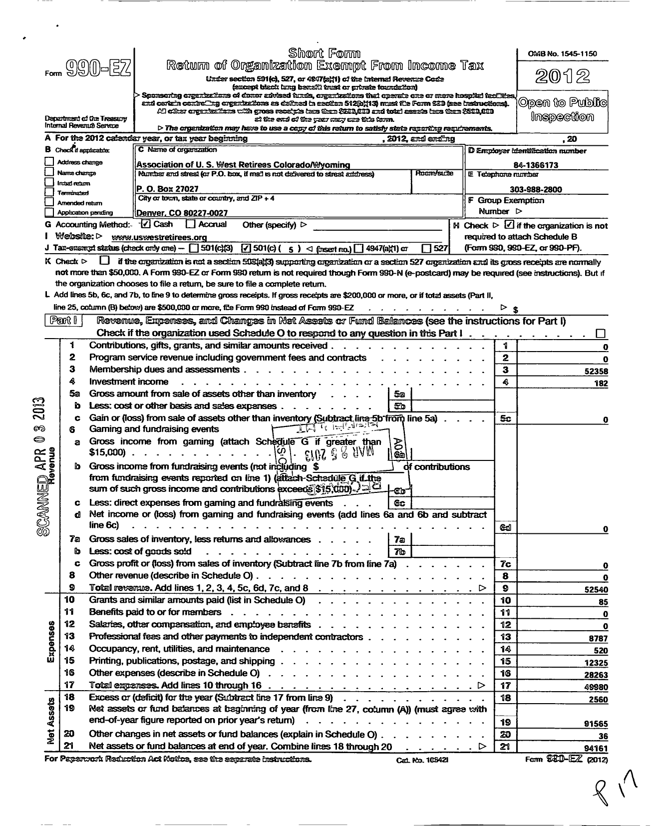 Image of first page of 2012 Form 990EO for Association of Us West Retirees Colorado Wyoming