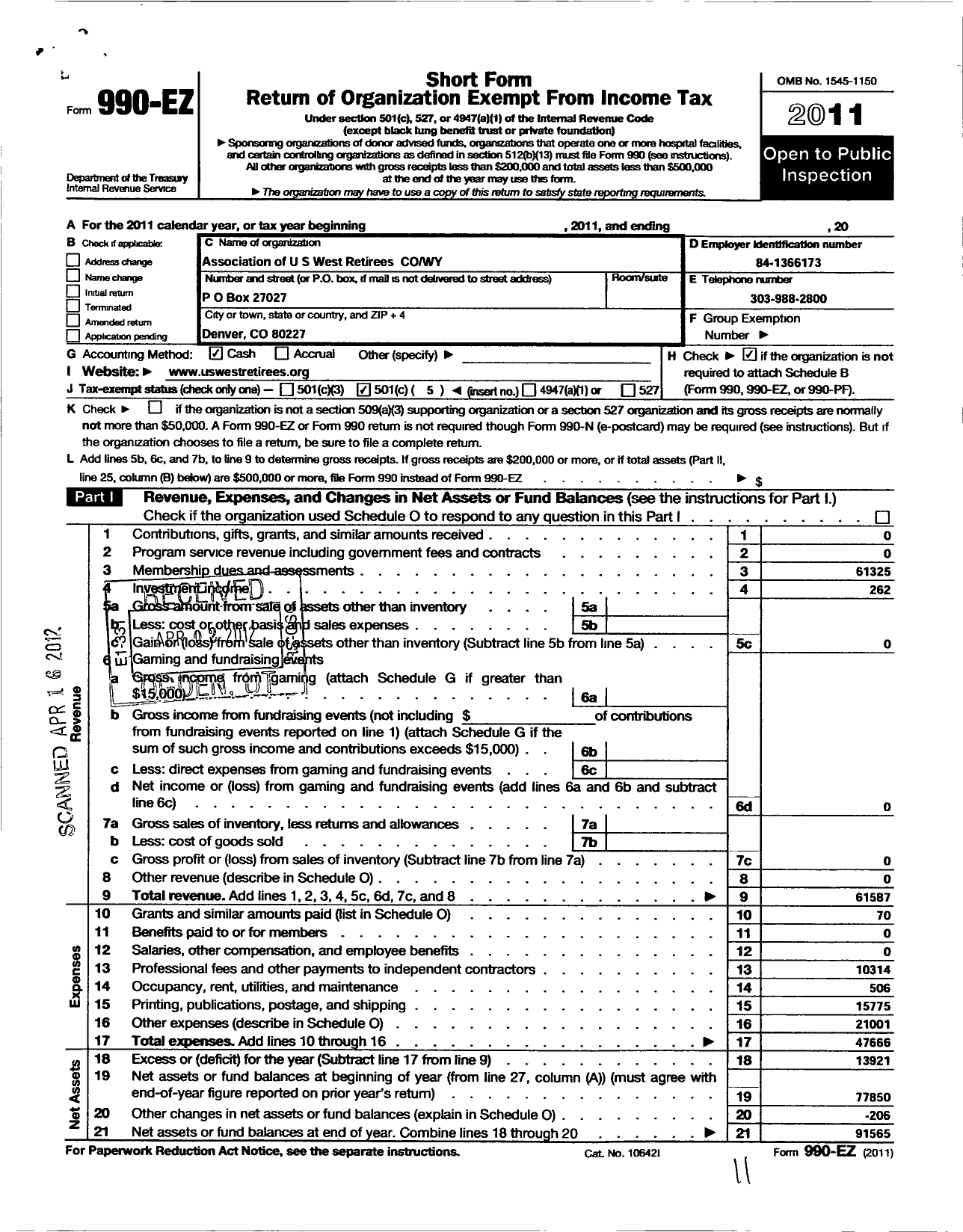 Image of first page of 2011 Form 990EO for Association of Us West Retirees Colorado Wyoming