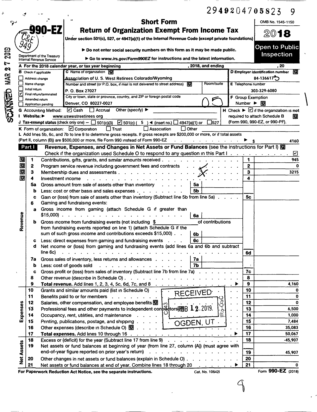 Image of first page of 2018 Form 990EO for Association of Us West Retirees Colorado Wyoming