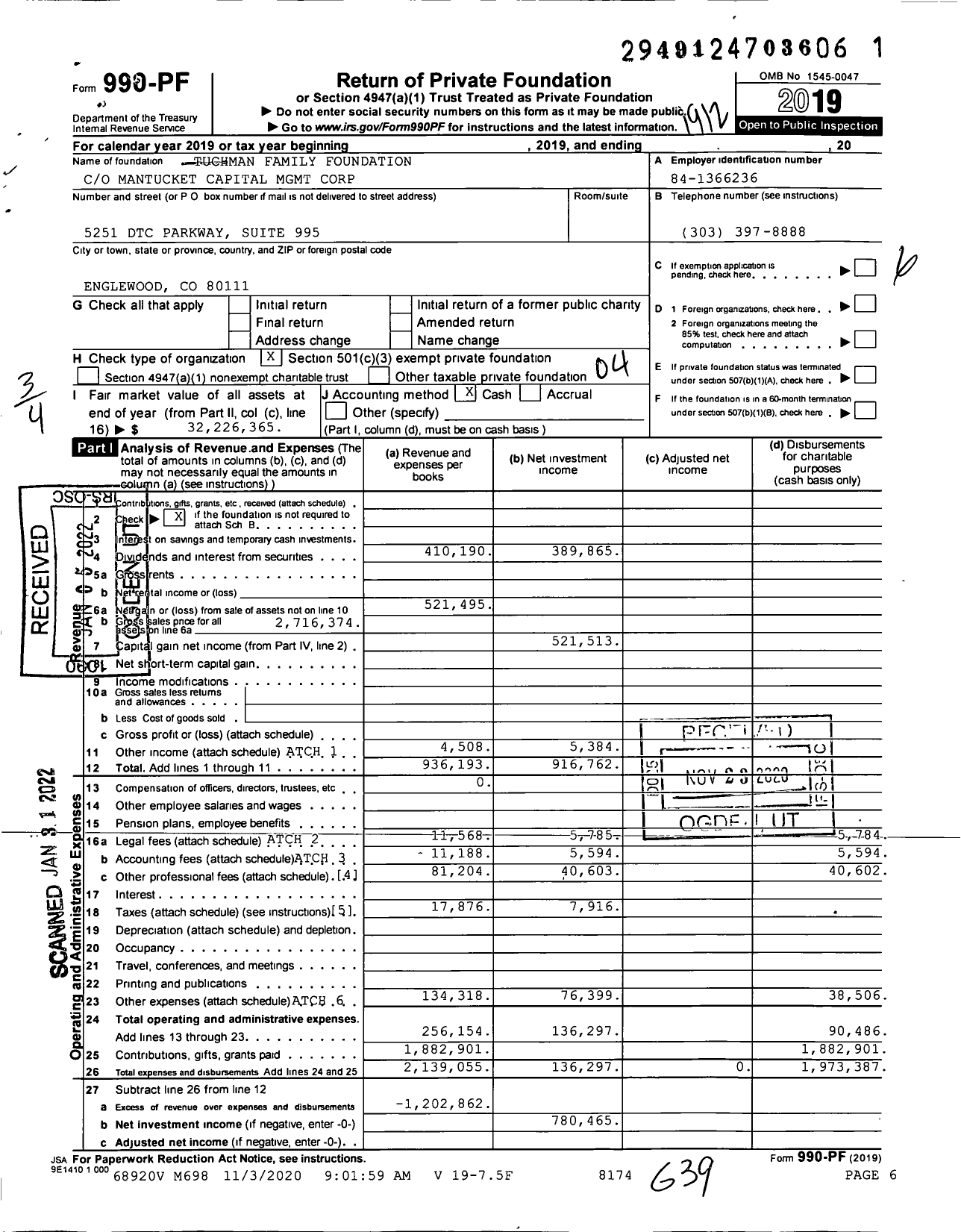 Image of first page of 2019 Form 990PF for Tuchman Family Foundation co Mantucket Capital Mgmt Corp