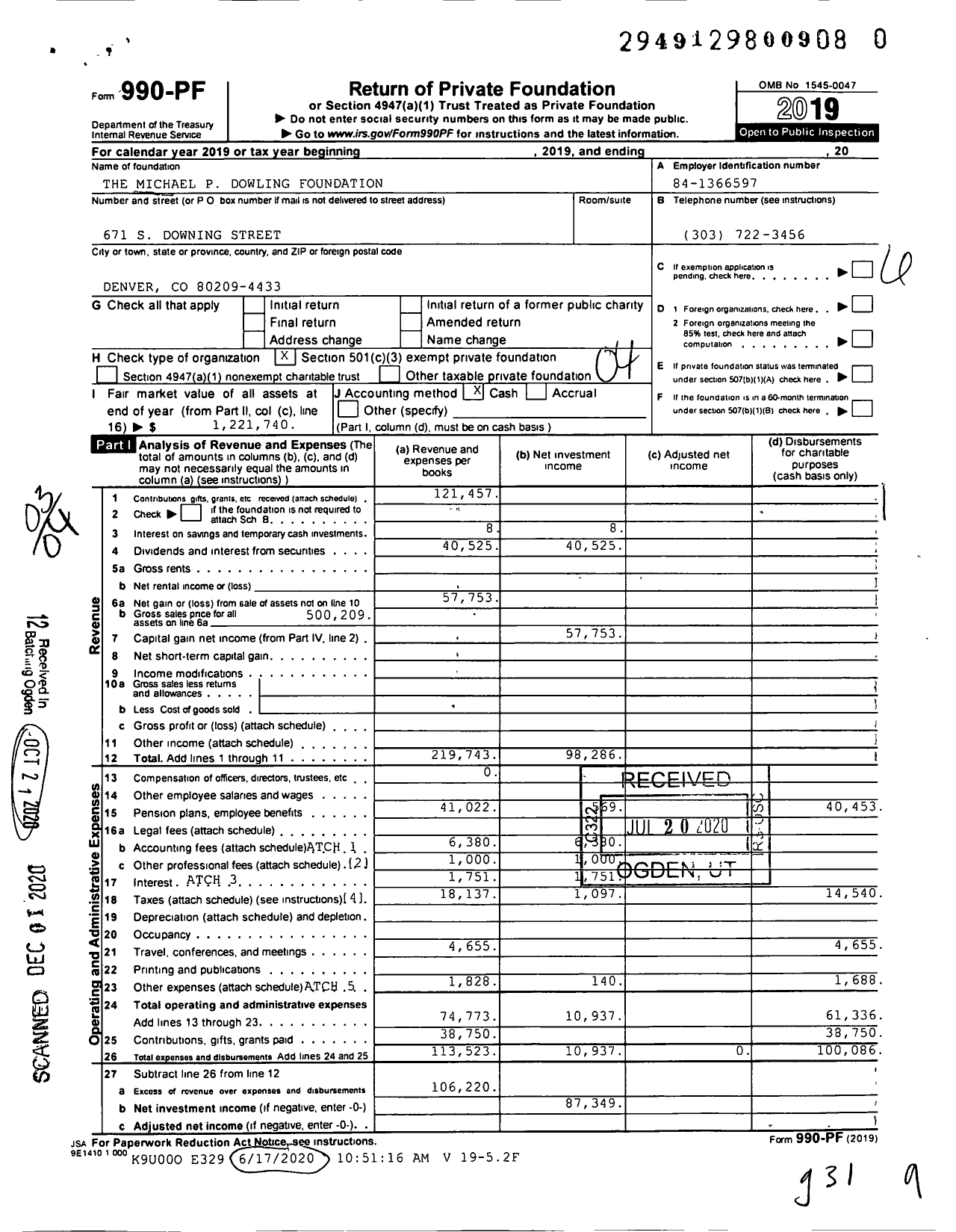 Image of first page of 2019 Form 990PF for The Michael P Dowling Foundation