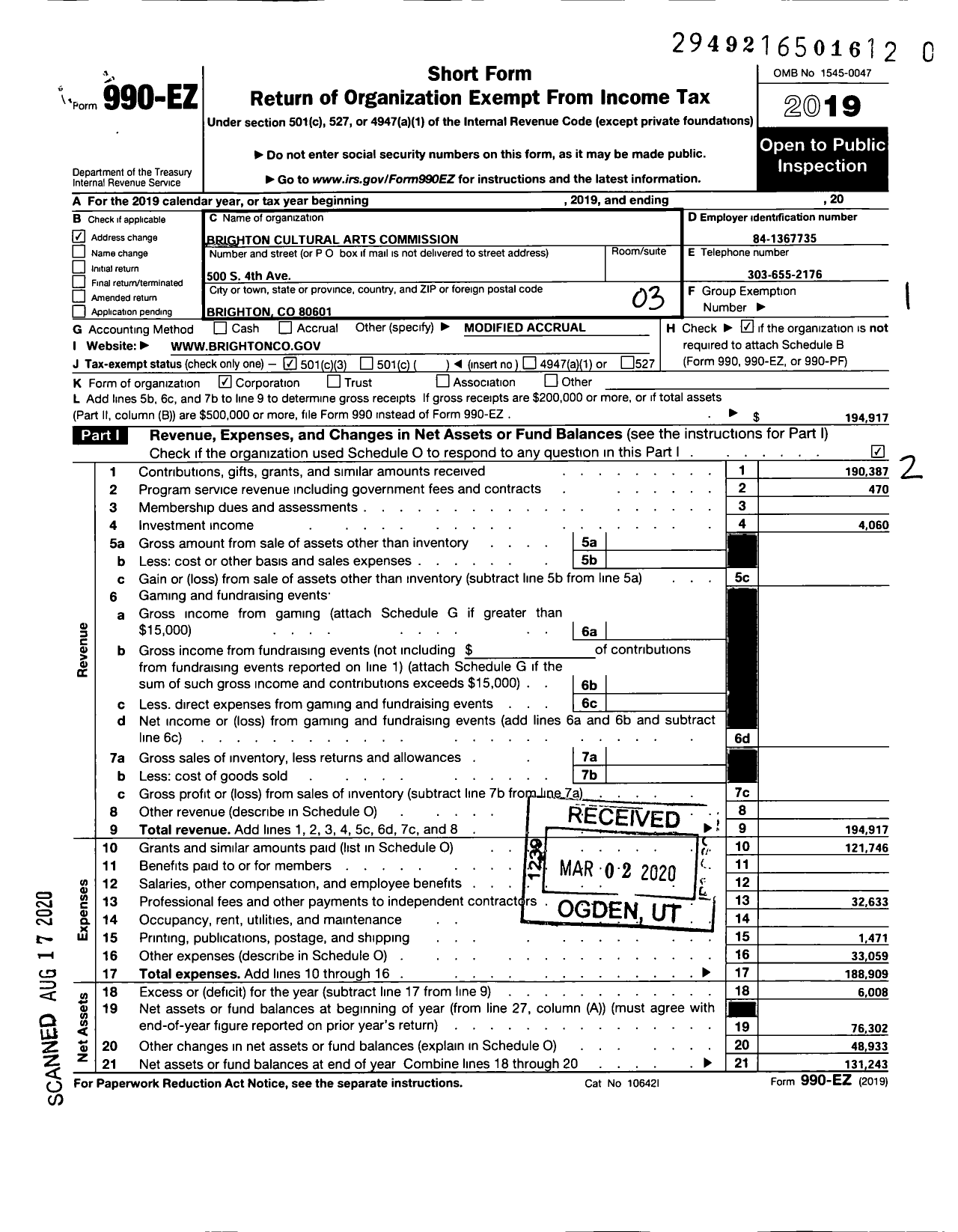 Image of first page of 2019 Form 990EZ for Brighton Cultural Arts Commission