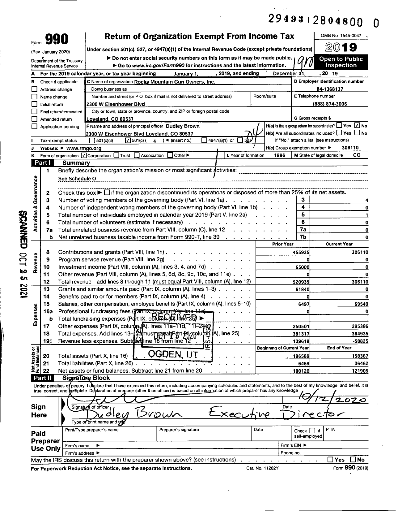 Image of first page of 2019 Form 990O for Rocky Mountain Gun Owners