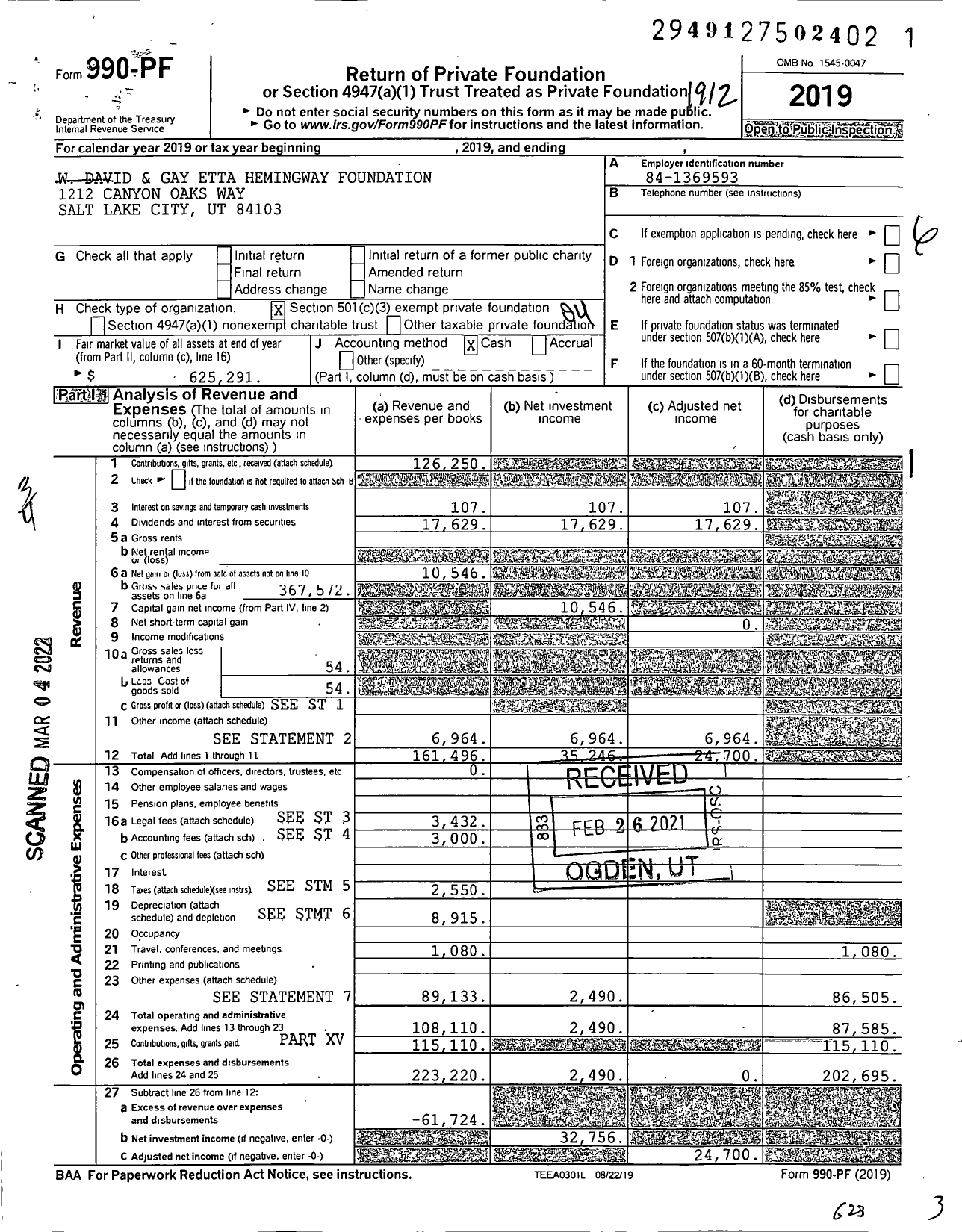 Image of first page of 2019 Form 990PF for W David and Gay Etta Hemingway Foundation