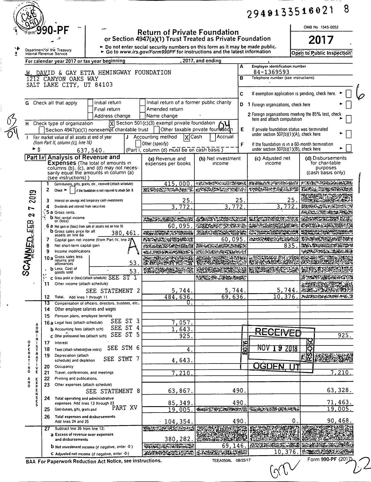 Image of first page of 2017 Form 990PF for W David and Gay Etta Hemingway Foundation