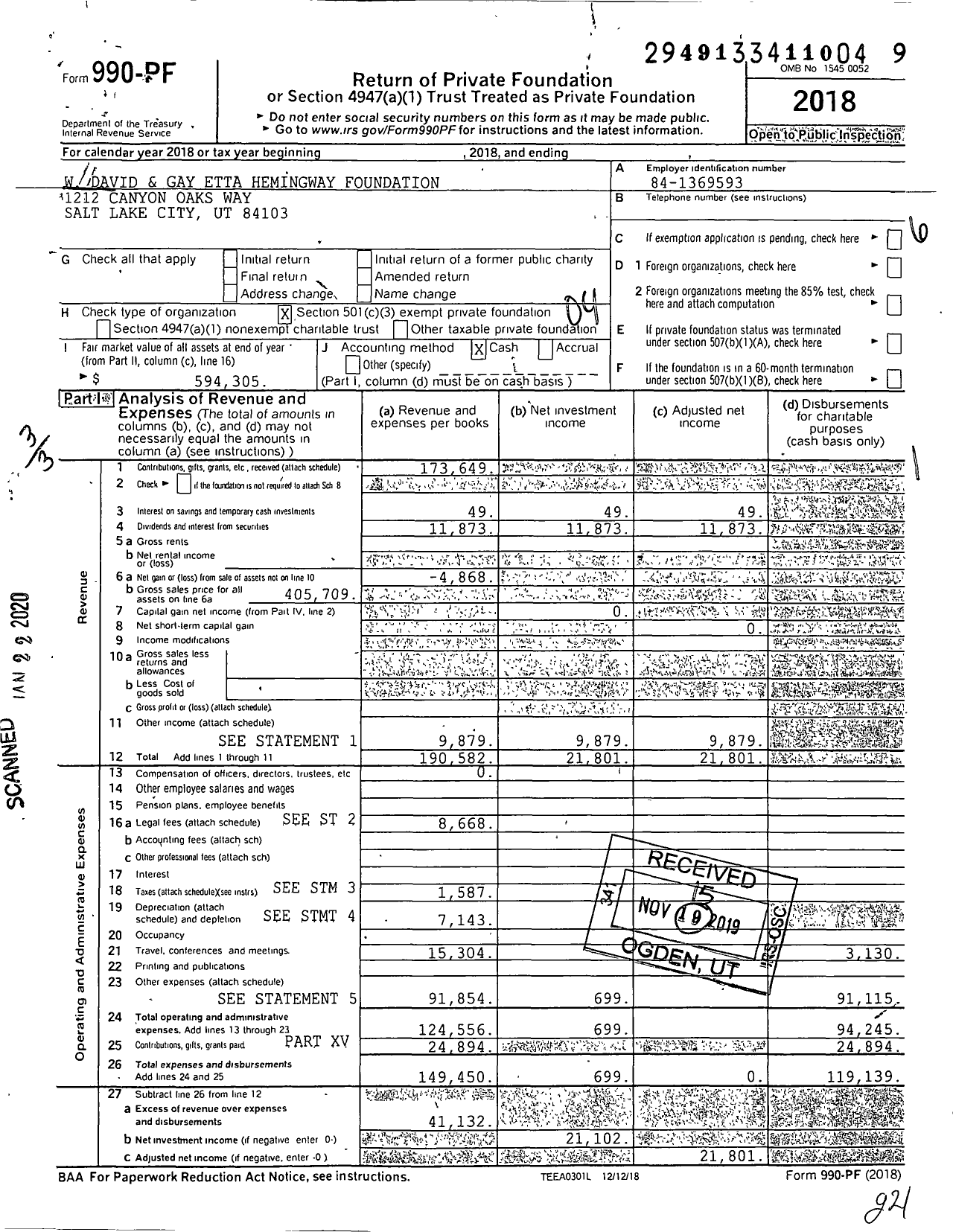 Image of first page of 2018 Form 990PF for W David and Gay Etta Hemingway Foundation