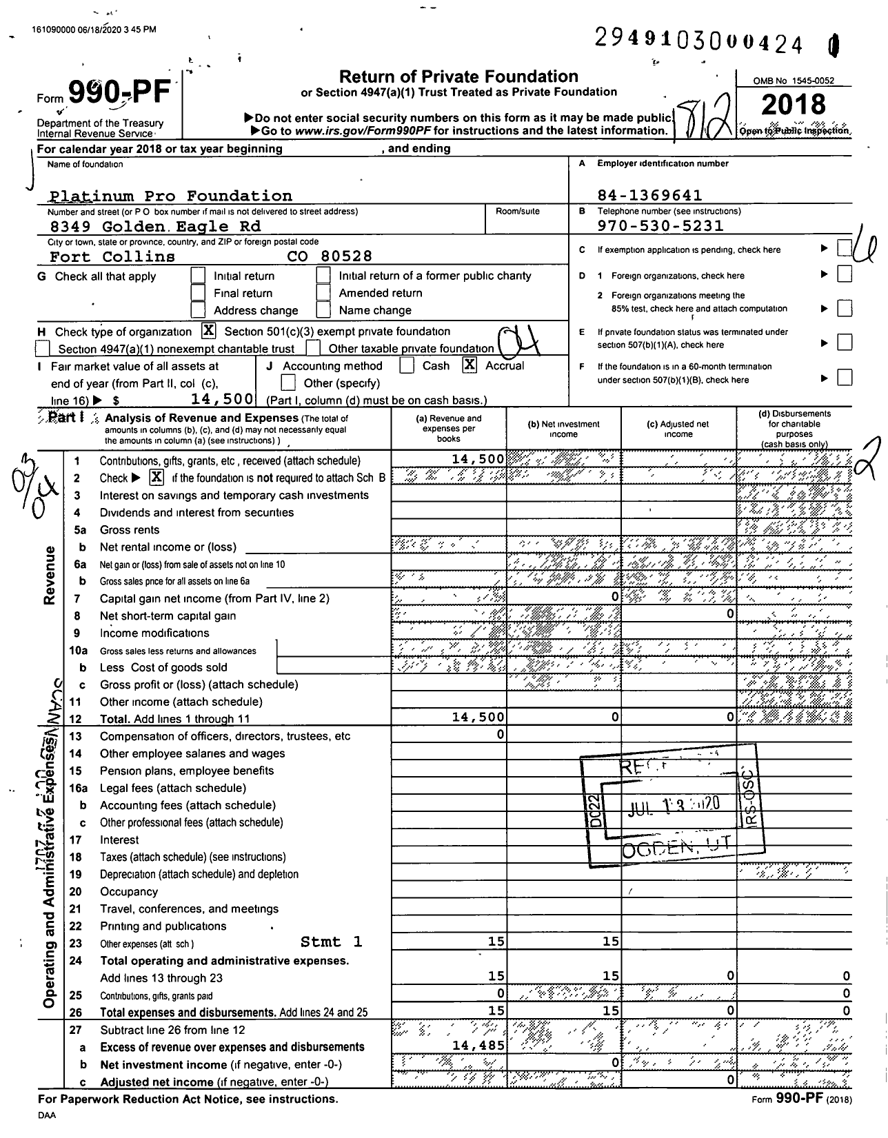 Image of first page of 2018 Form 990PF for Platinum Pro Foundation