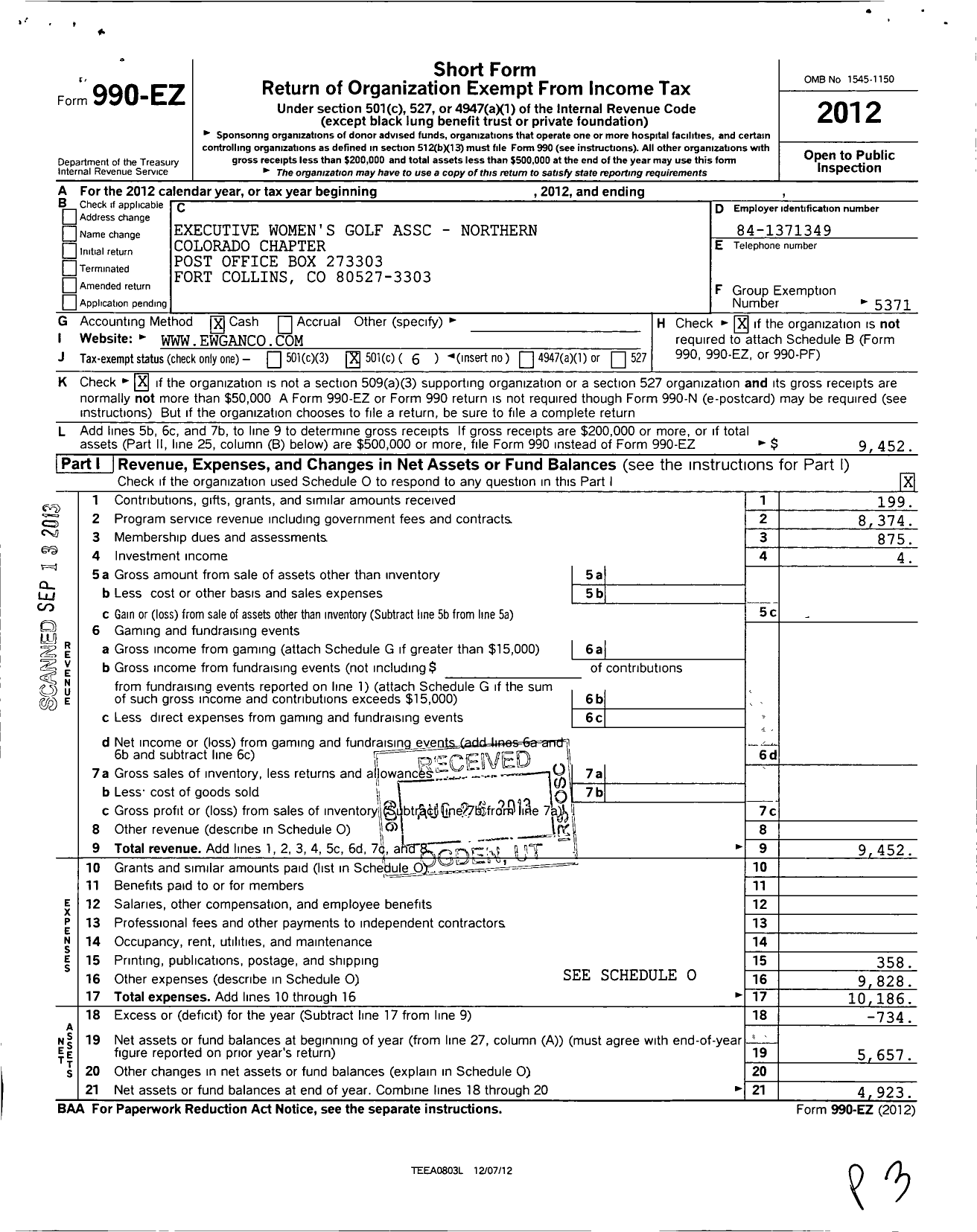 Image of first page of 2012 Form 990EO for Excutive Womens Golf Association / Amateur Golf Association Northern C