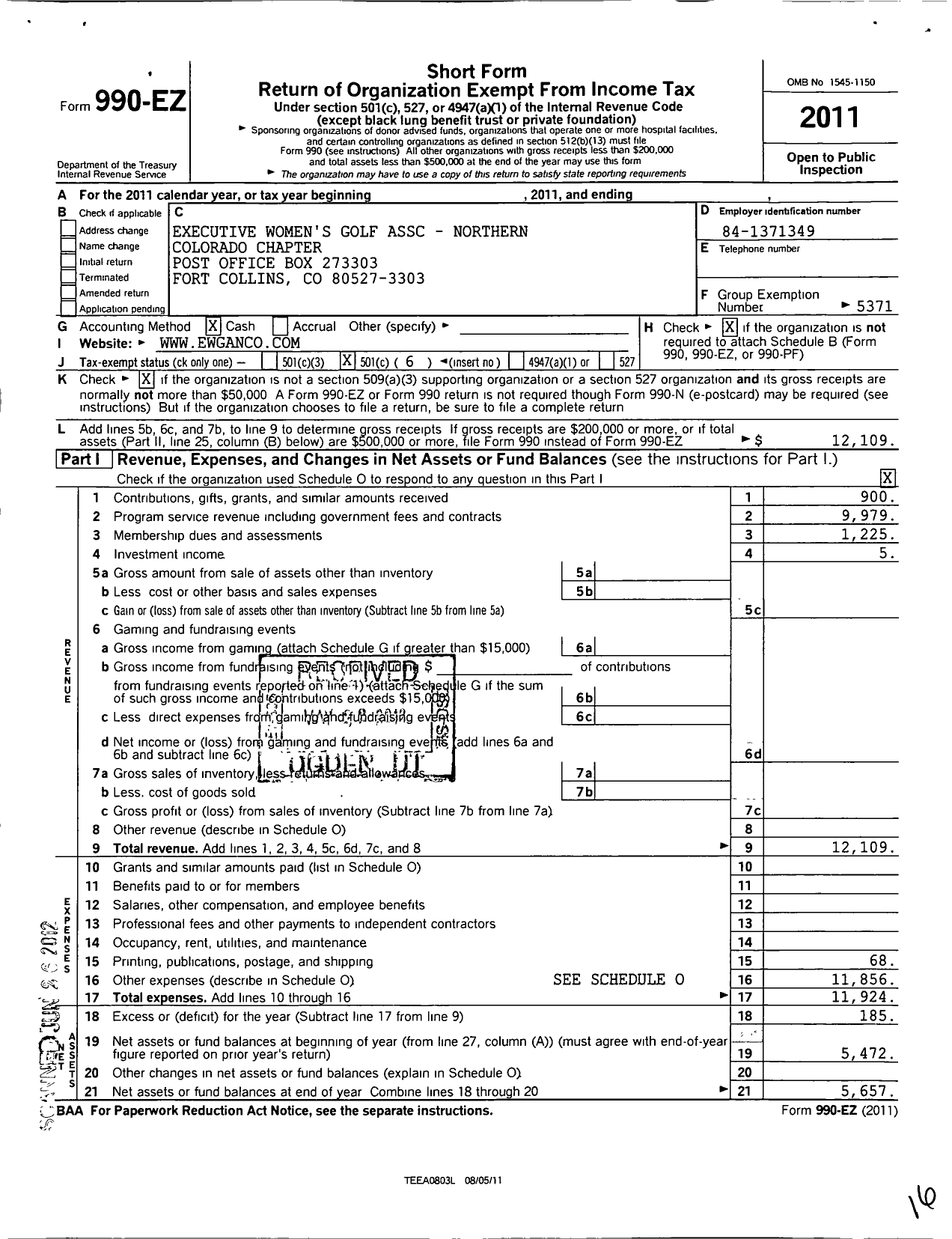 Image of first page of 2011 Form 990EO for Excutive Womens Golf Association / Amateur Golf Association Northern C