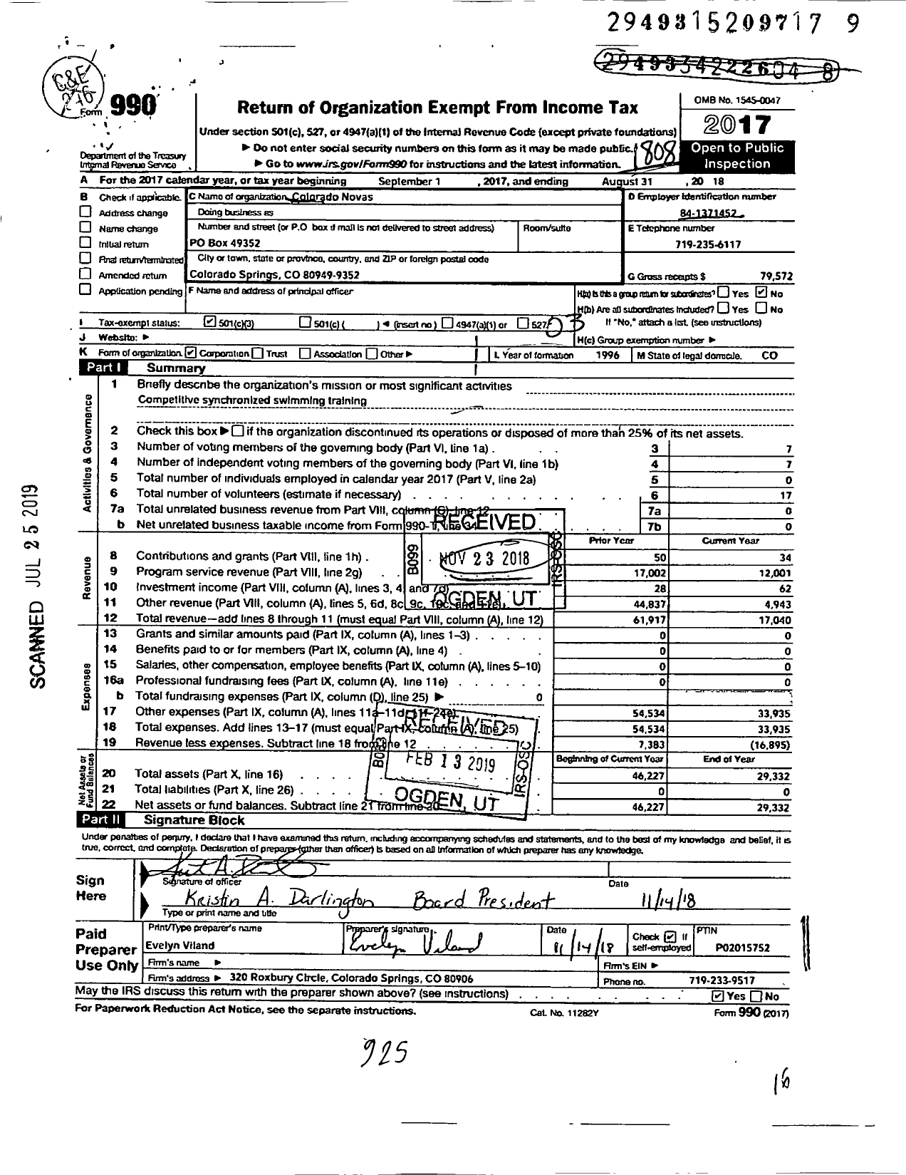 Image of first page of 2017 Form 990 for Colorado Novas
