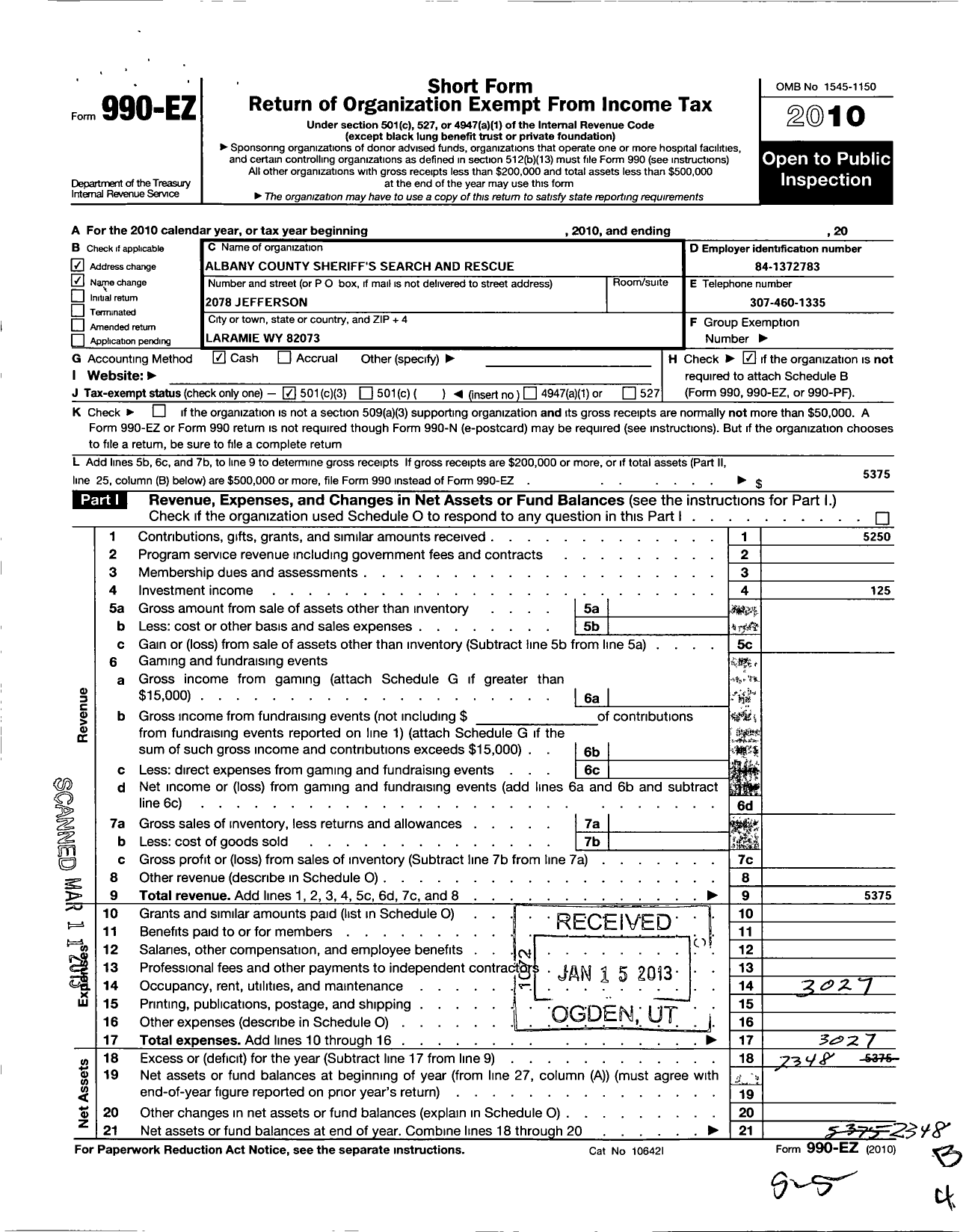 Image of first page of 2010 Form 990EZ for Albany County Sheriffs Search and Rescue