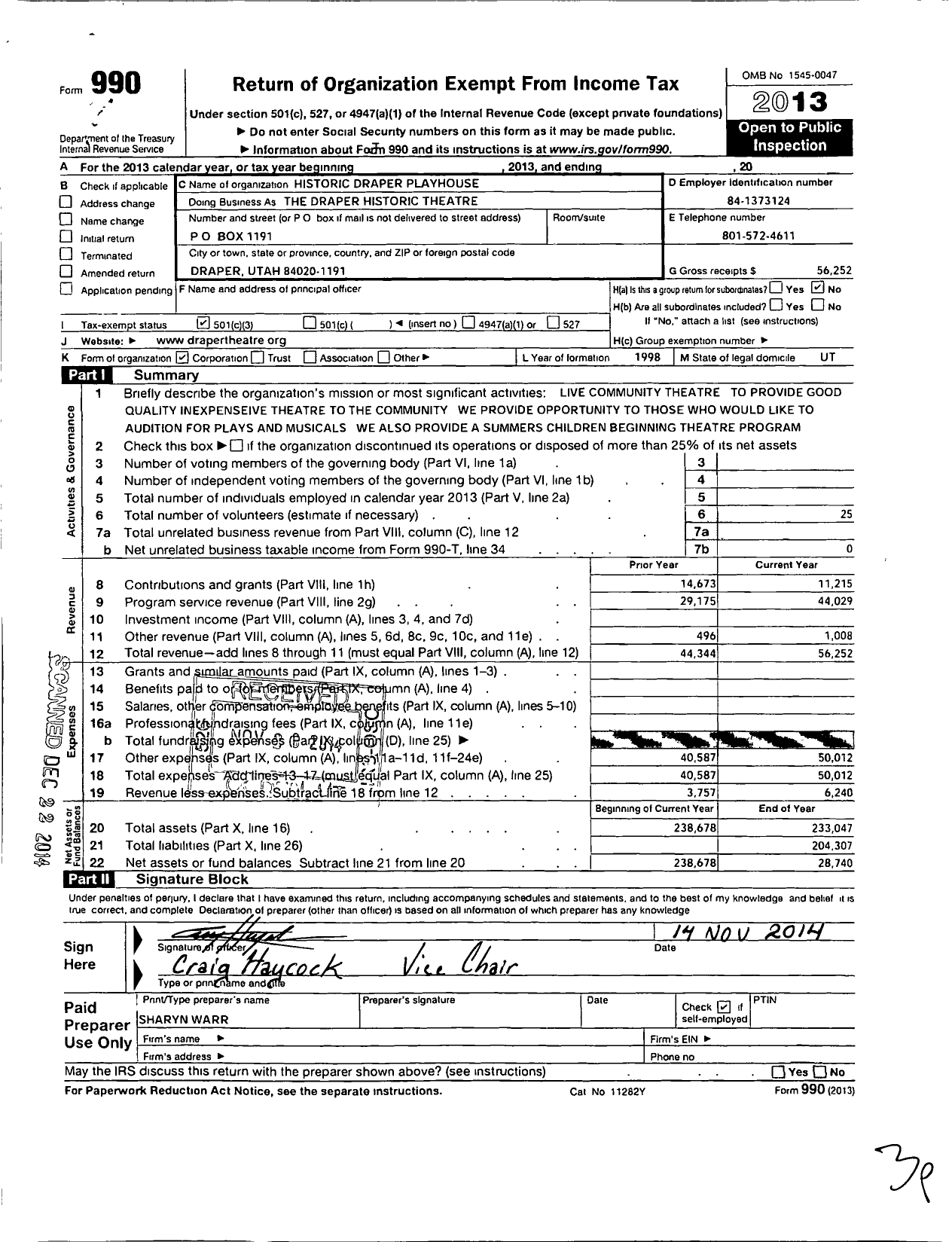 Image of first page of 2013 Form 990 for Historic Draper Playhouse