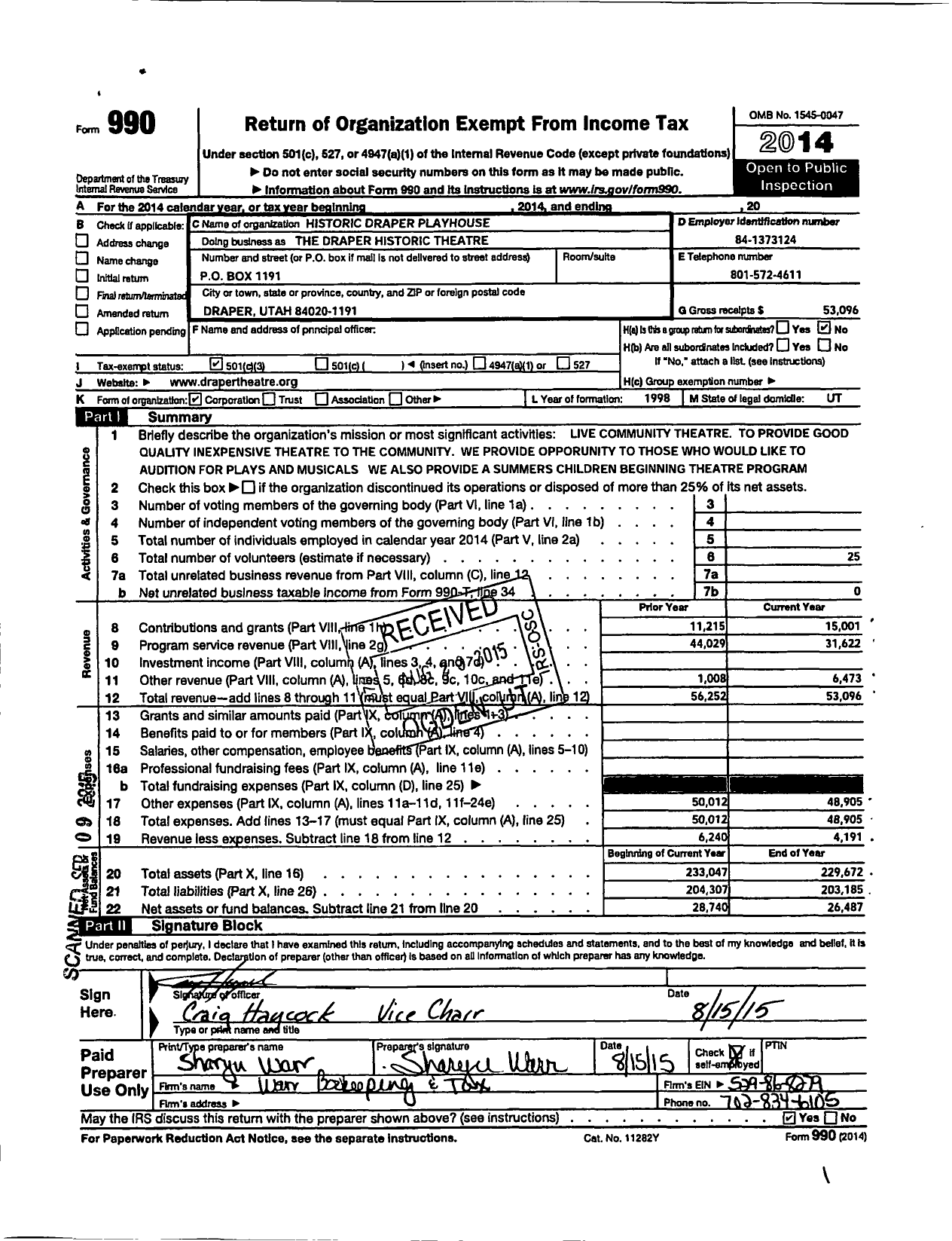 Image of first page of 2014 Form 990 for Historic Draper Playhouse