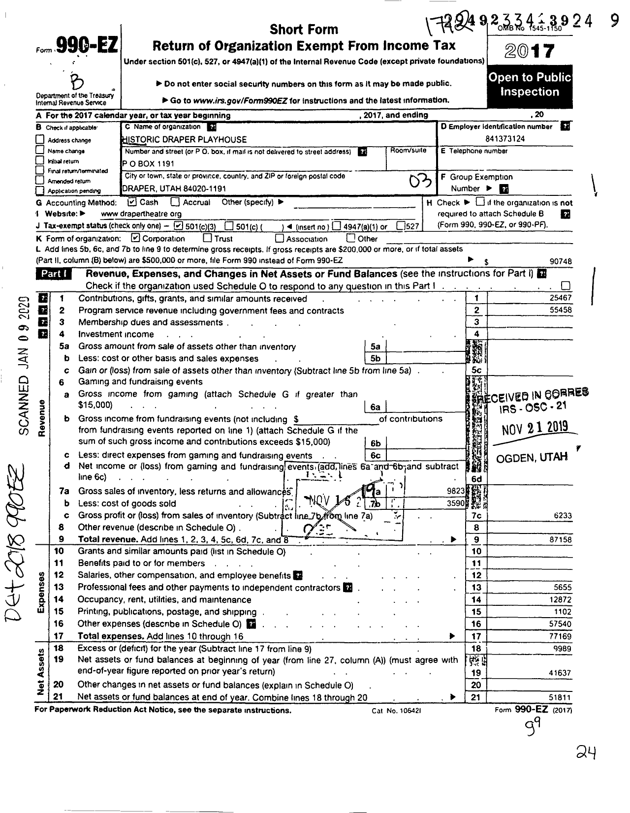 Image of first page of 2017 Form 990EZ for Historic Draper Playhouse