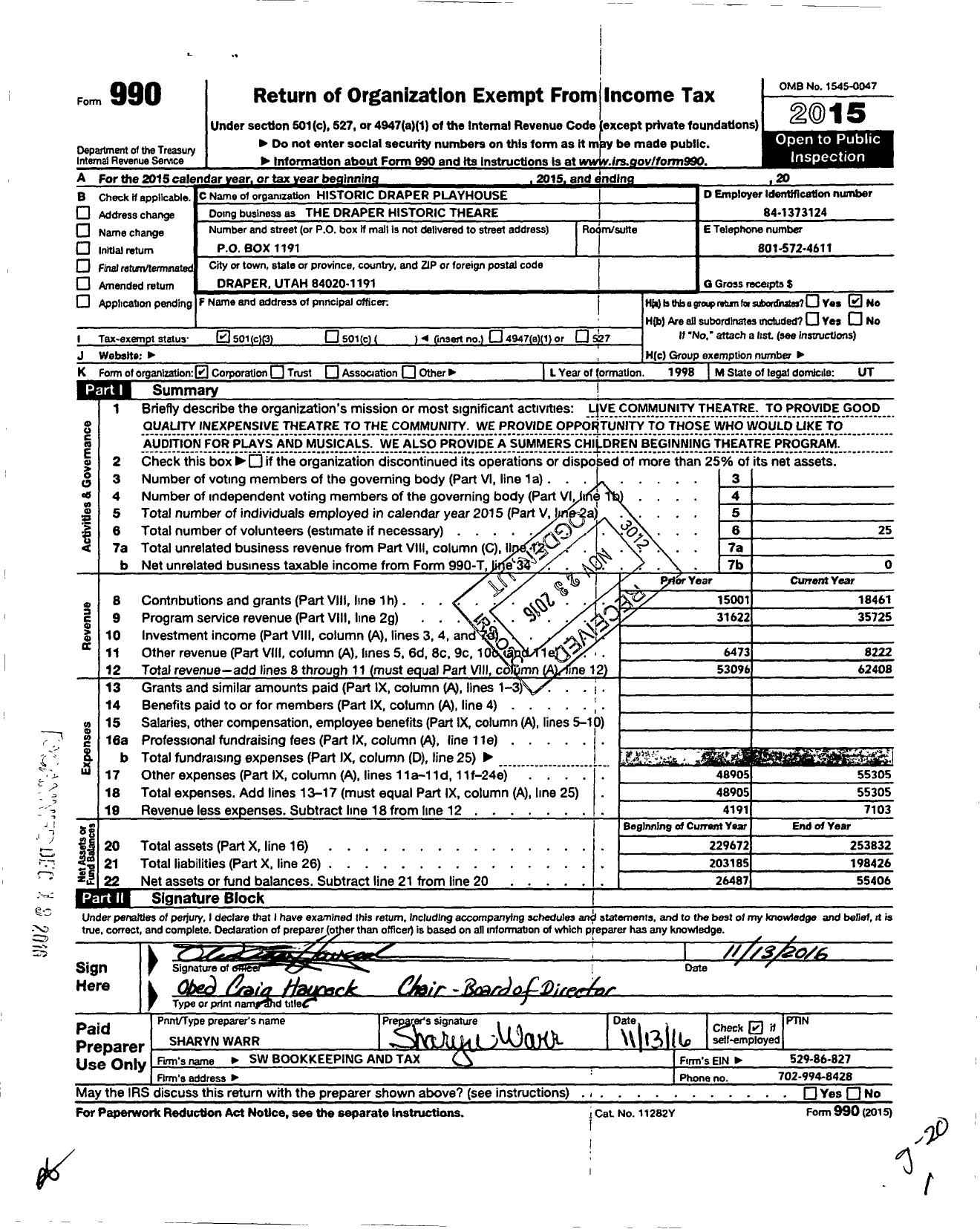 Image of first page of 2015 Form 990 for Historic Draper Playhouse